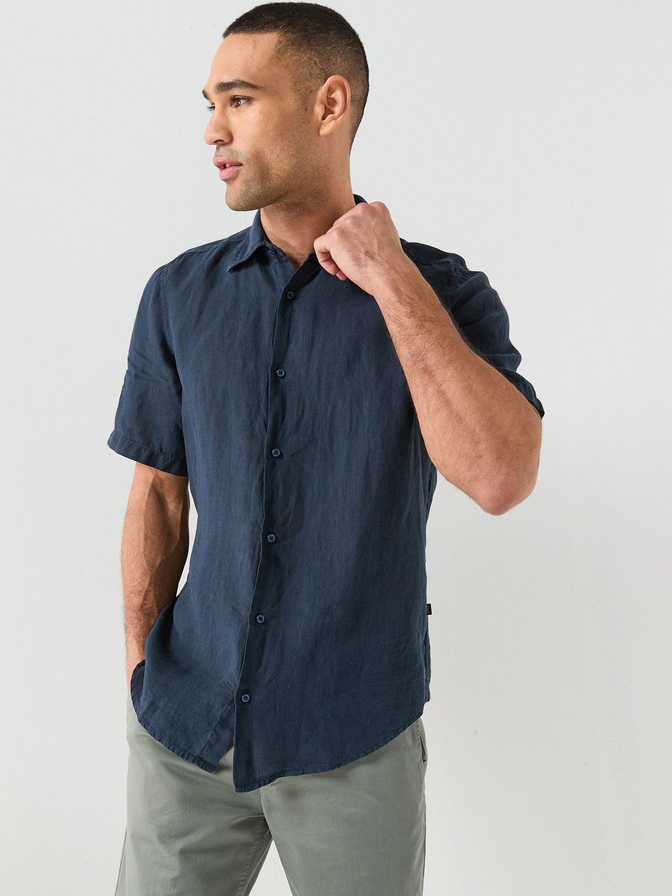 BOSS Short Sleeve Linen Shirt - Dark Blue