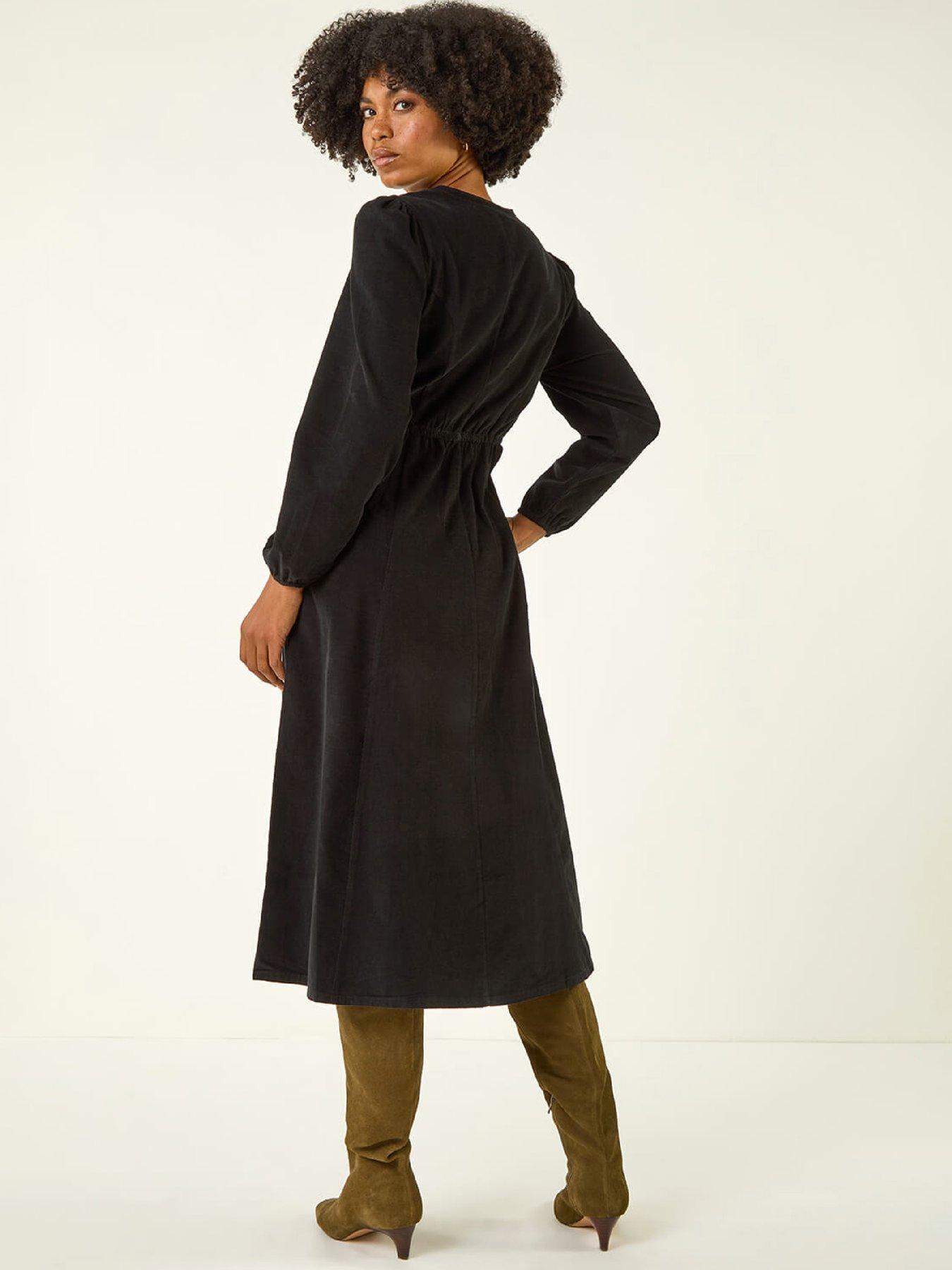  image of roman-corduroy-button-through-midi-dress-black