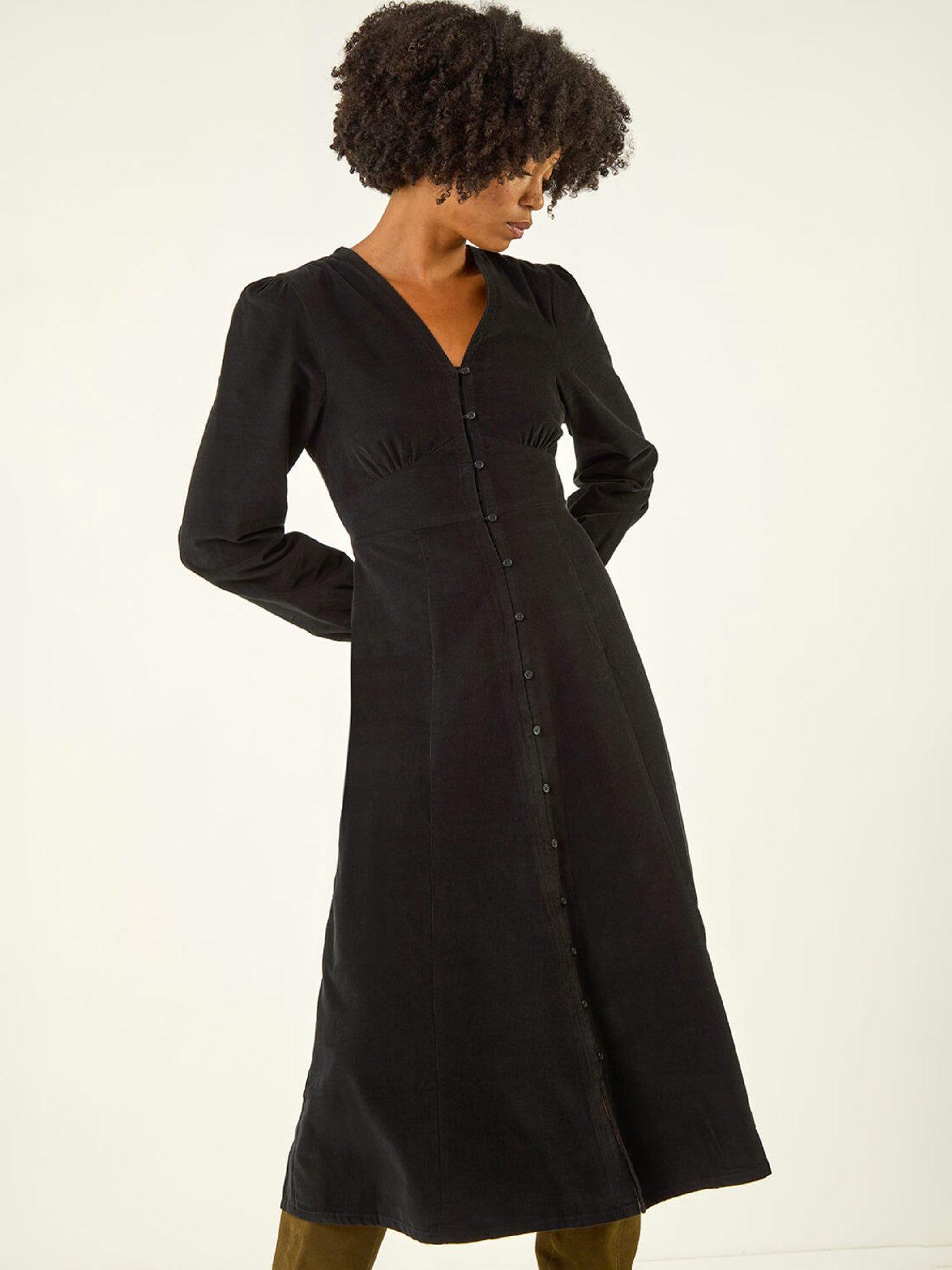  image of roman-corduroy-button-through-midi-dress-black