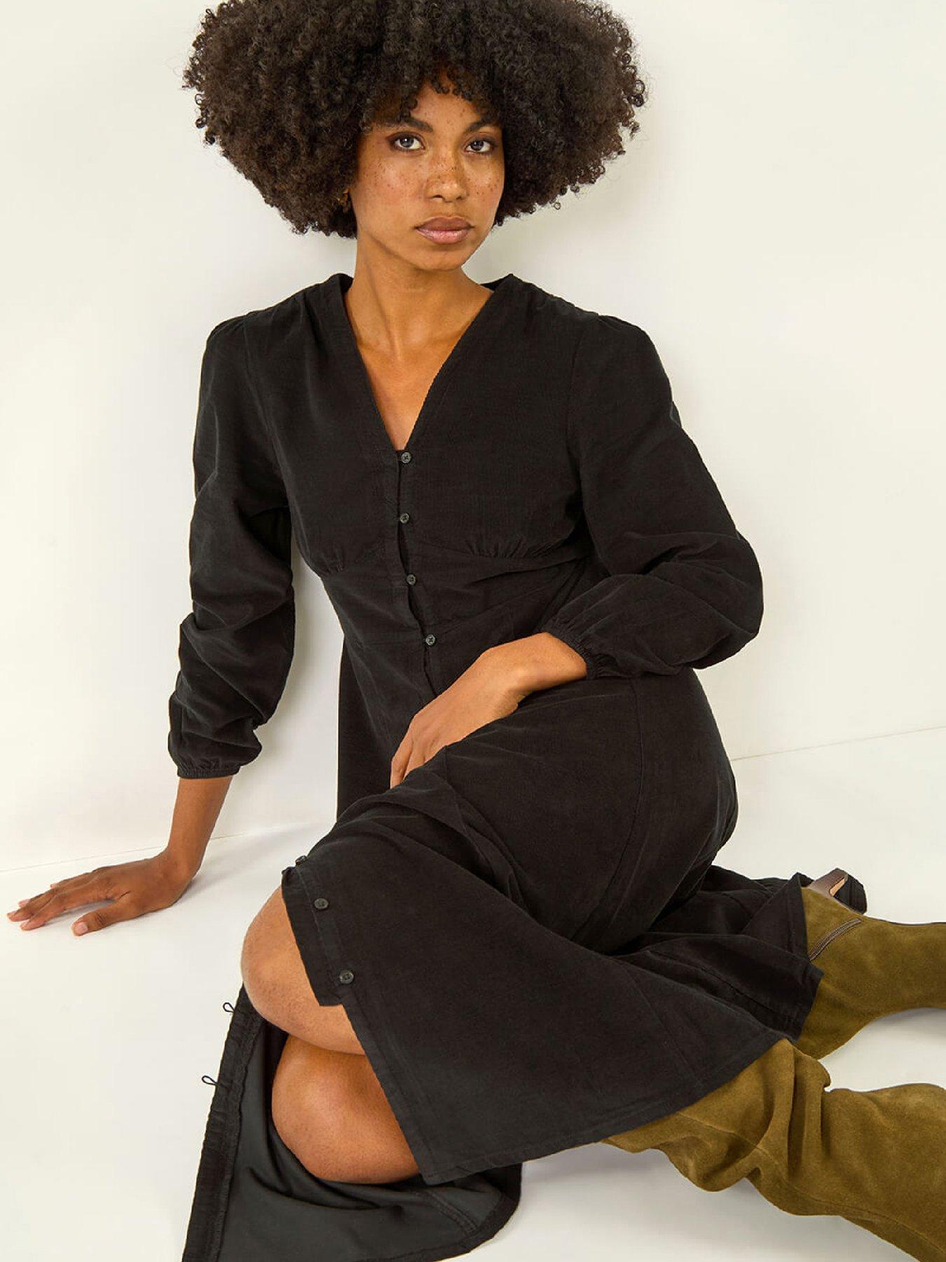  image of roman-corduroy-button-through-midi-dress-black