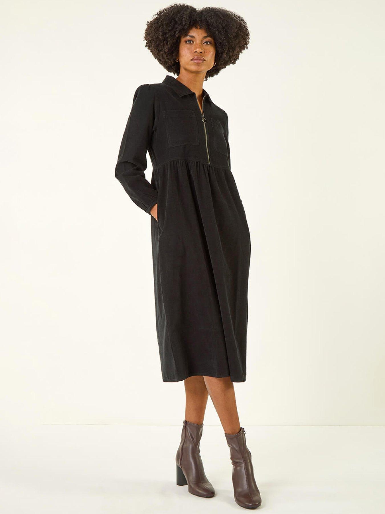 front image of roman-zip-front-collared-midi-dress