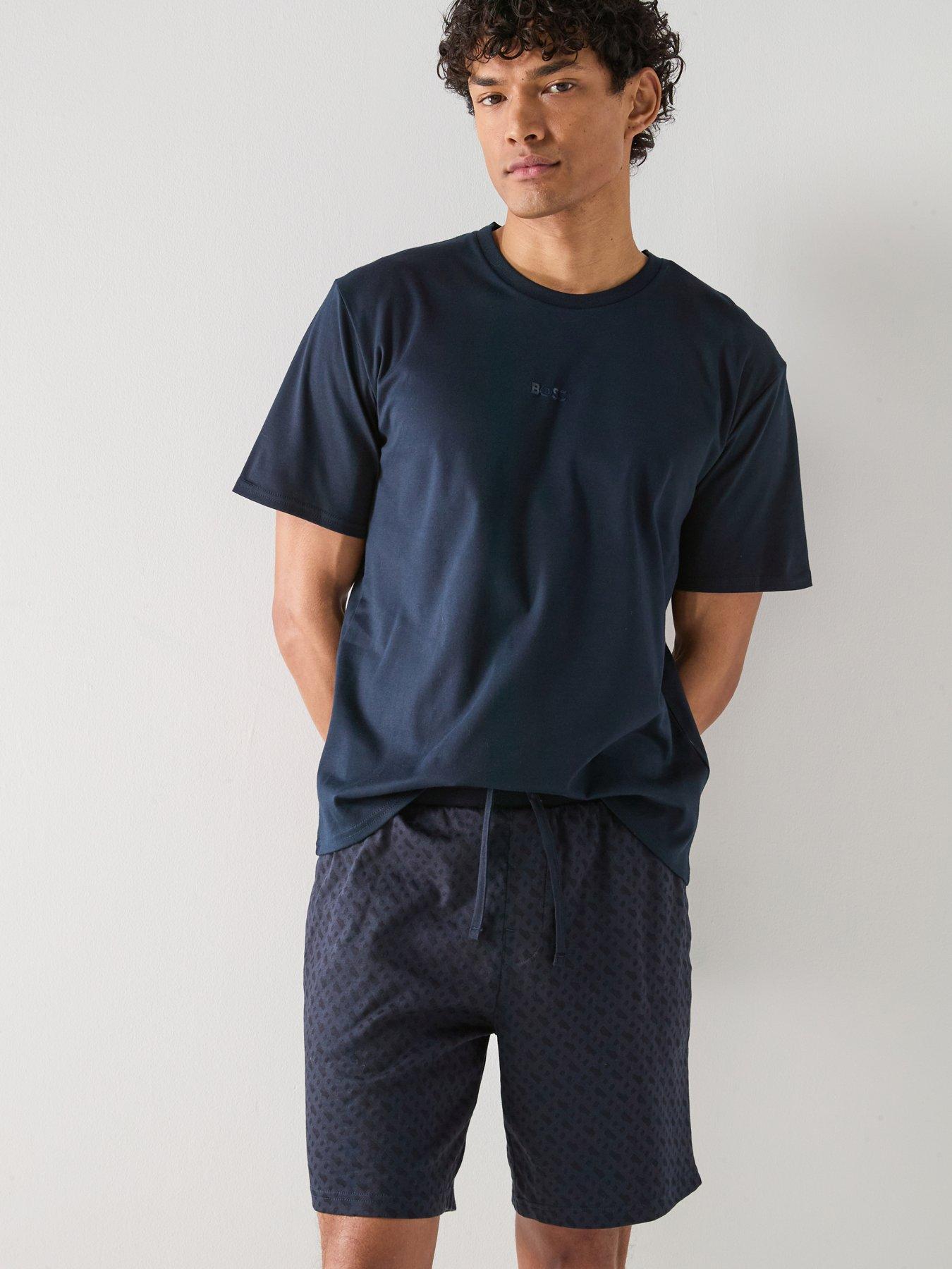 front image of boss-relax-monogram-shorts-pyjama-set-navy
