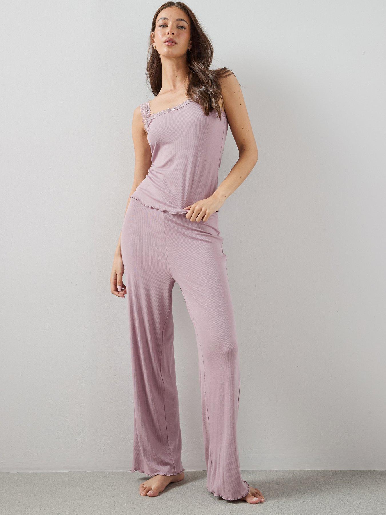 The Very Collection Ribbed Lace Cami And Straight Leg Bottom PJ Set - Pink
