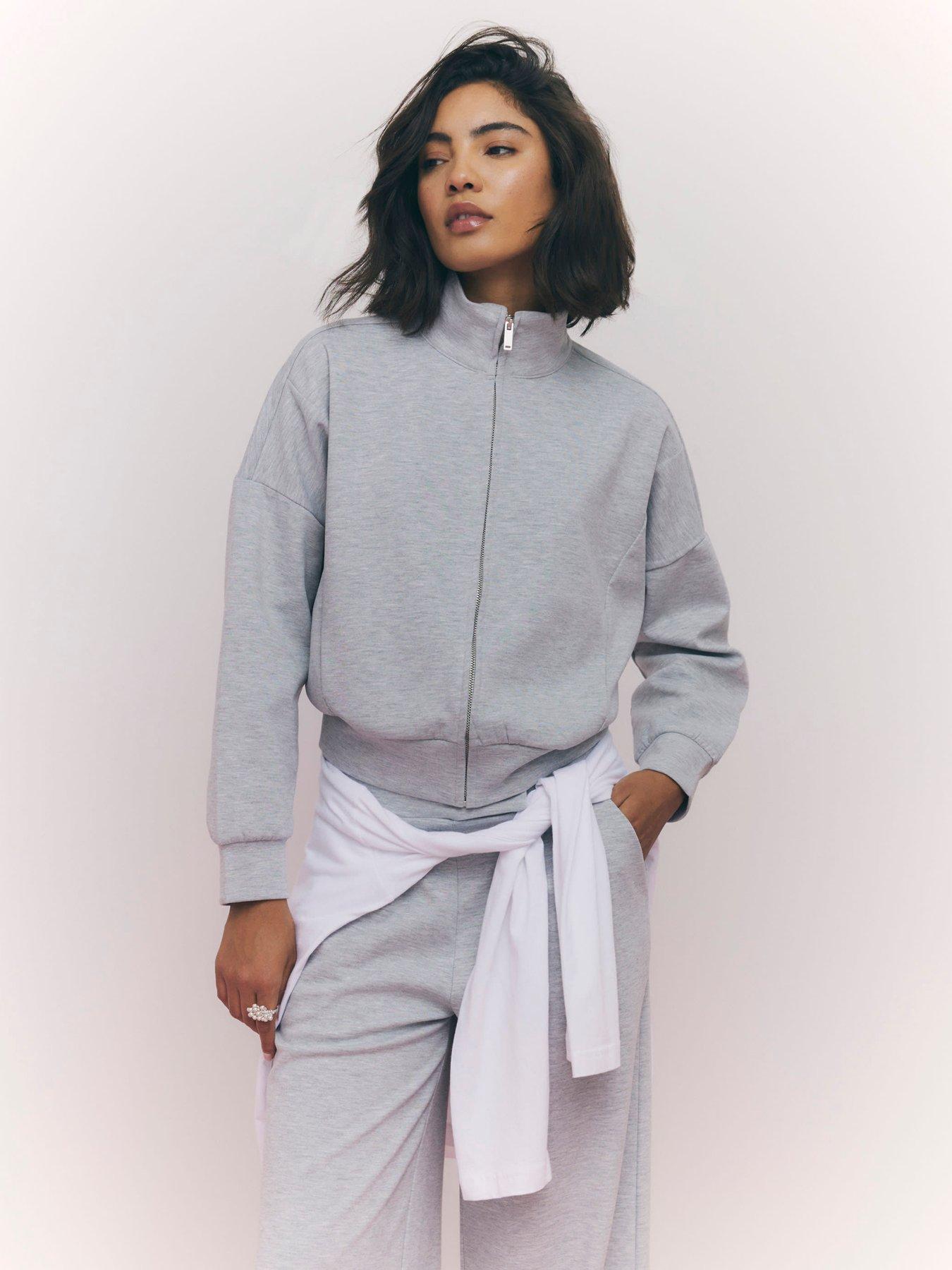 Image 1 of 4 of River Island Long Sleeve Zip Up Interlock Bomber Sweatshirt - Grey
