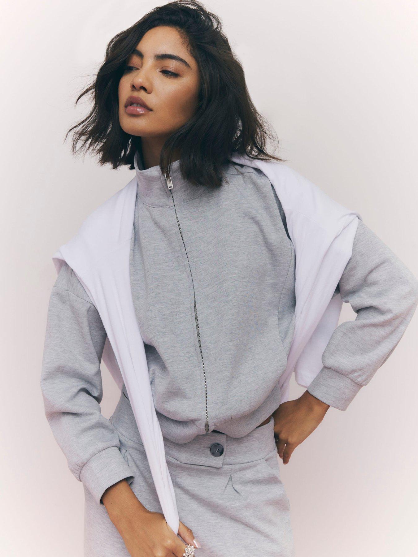 Image 4 of 4 of River Island Long Sleeve Zip Up Interlock Bomber Sweatshirt - Grey