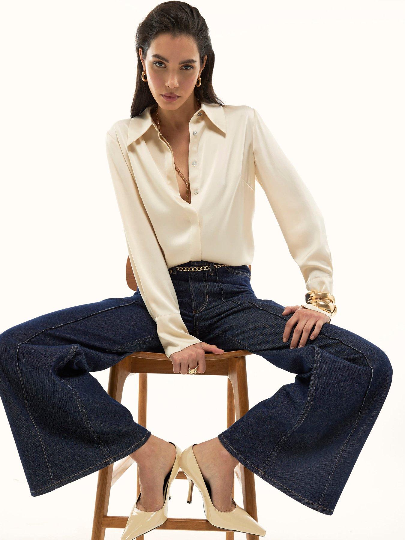 River Island Long Sleeve Slimline Satin Shirt - Cream