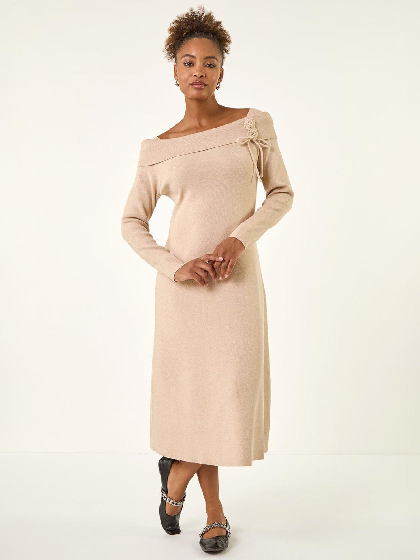 front image of roman-floral-bardot-knit-midi-dress