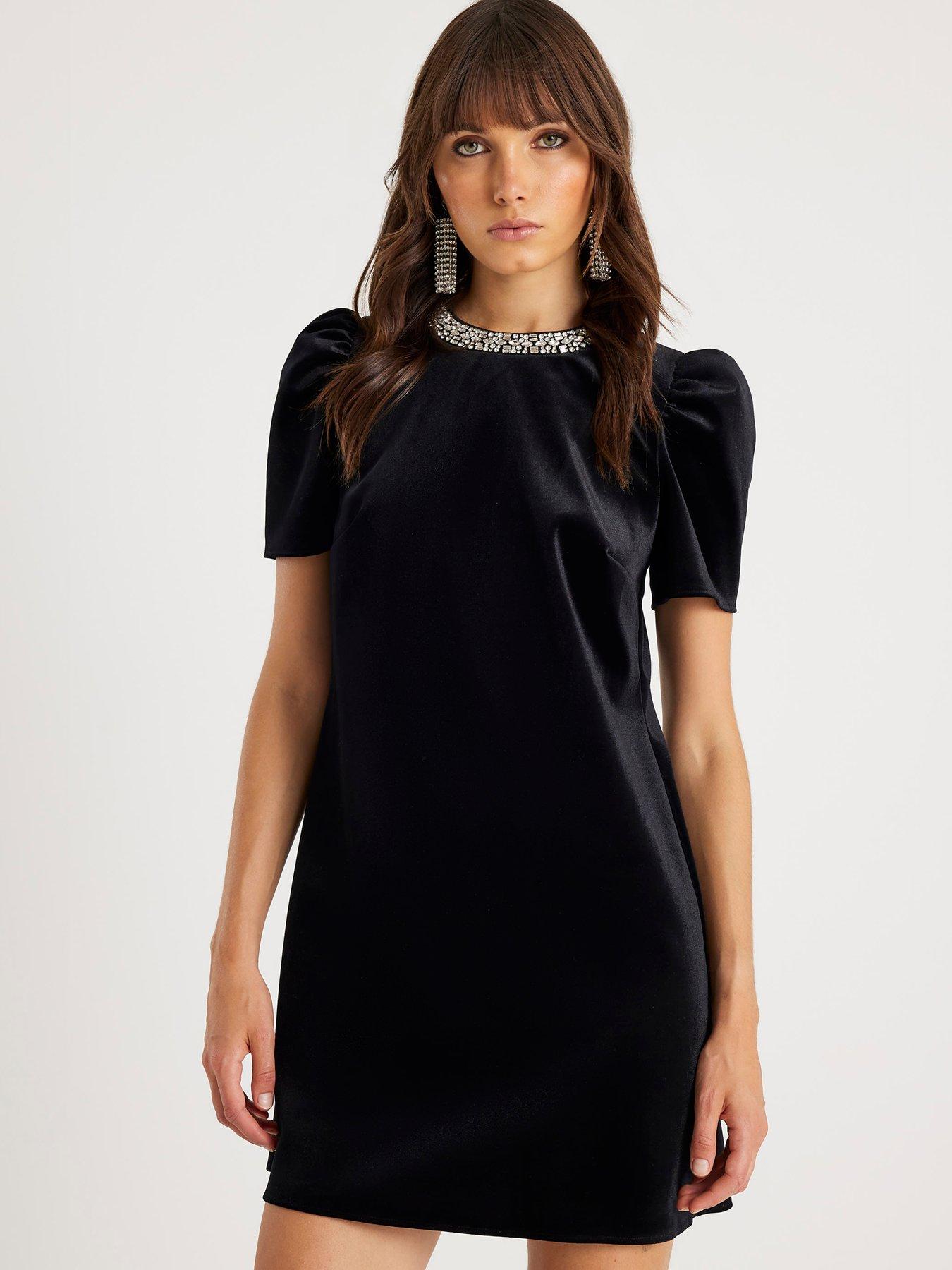 front image of river-island-velvet-embellished-dress-black