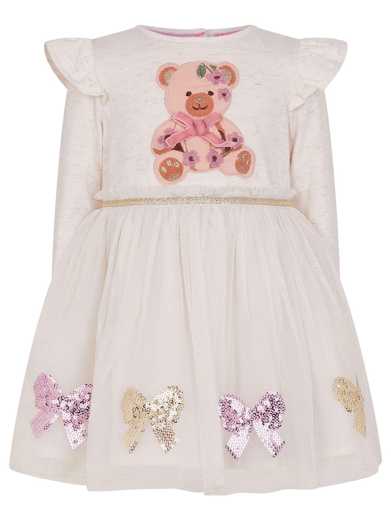 image of monsoon-baby-girls-bear-disco-long-sleeve-dress-light-cream