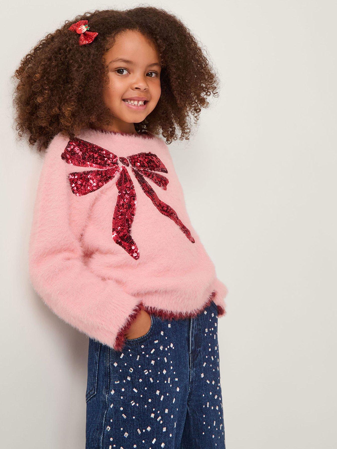  image of monsoon-girls-sequin-bow-knitted-jumper-pink