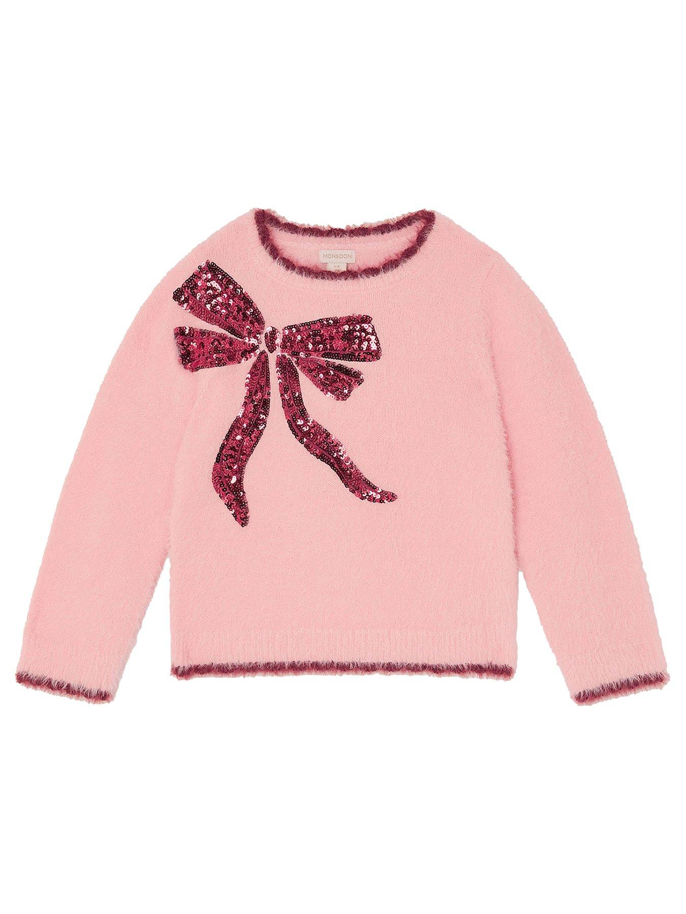  image of monsoon-girls-sequin-bow-knitted-jumper-pink