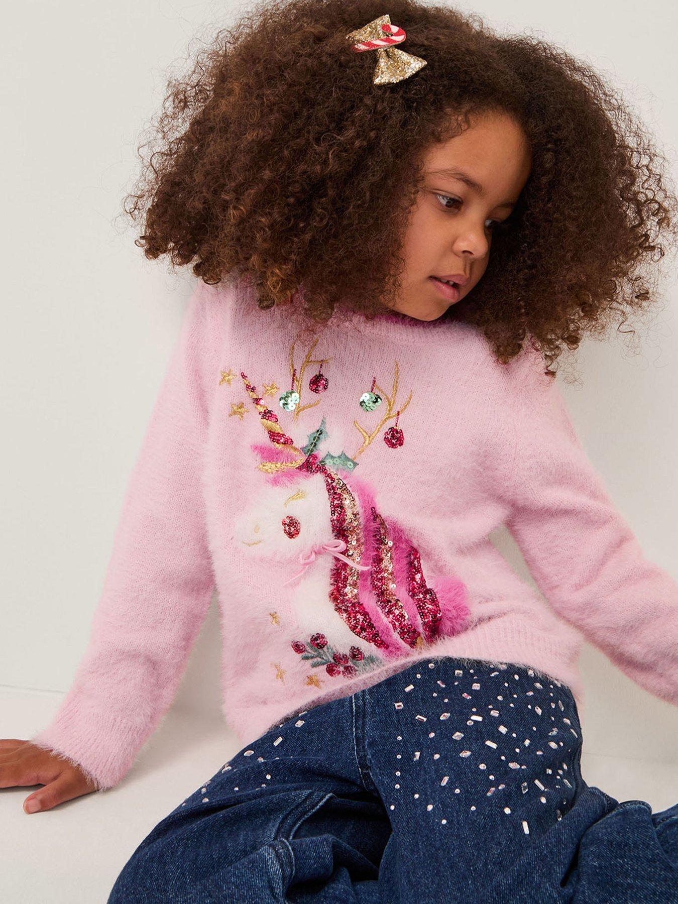 Monsoon Girls Christmas Unicorn Knitted Jumper - Pink