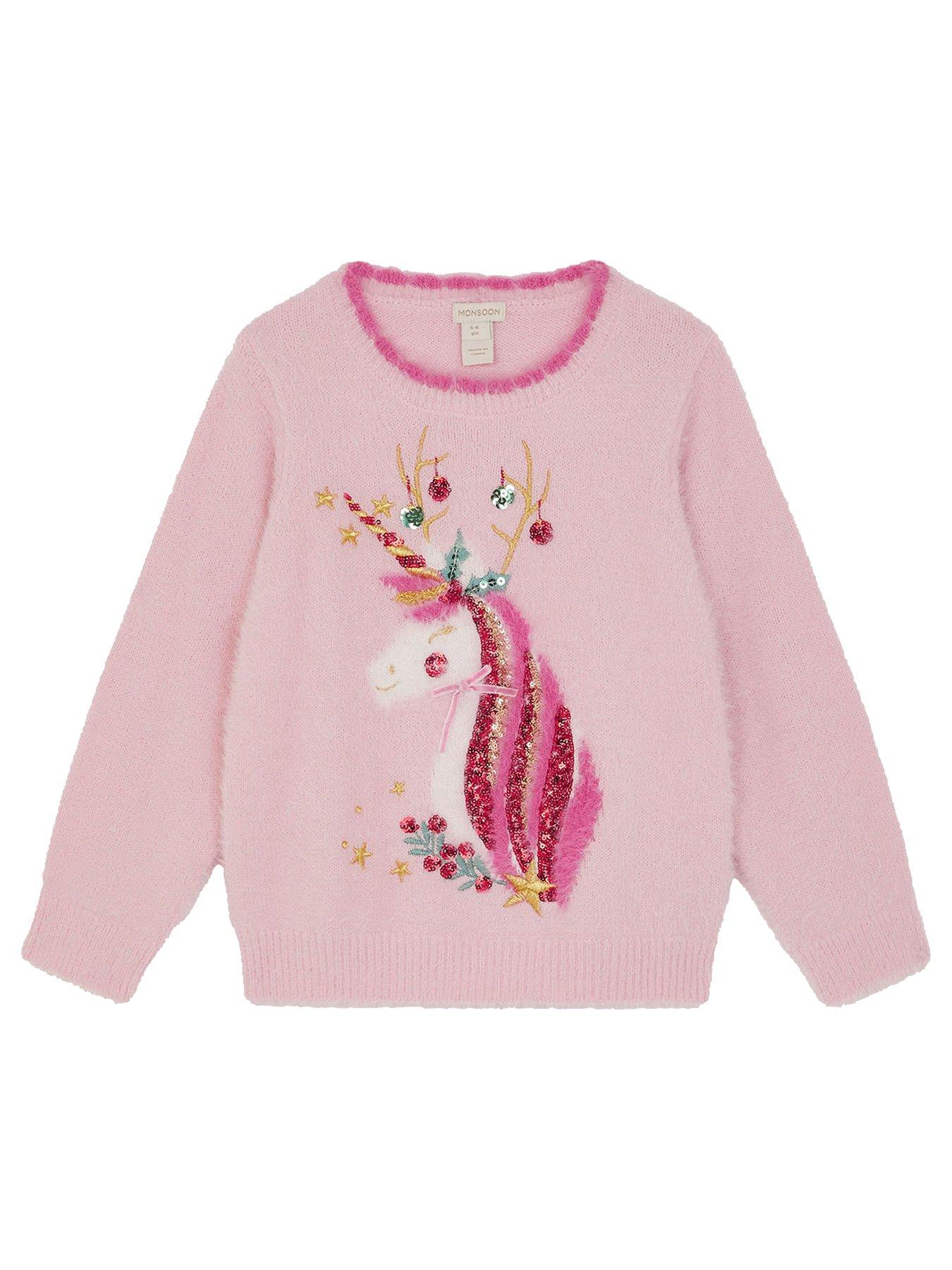  image of monsoon-girls-christmas-unicorn-knitted-jumper-pink