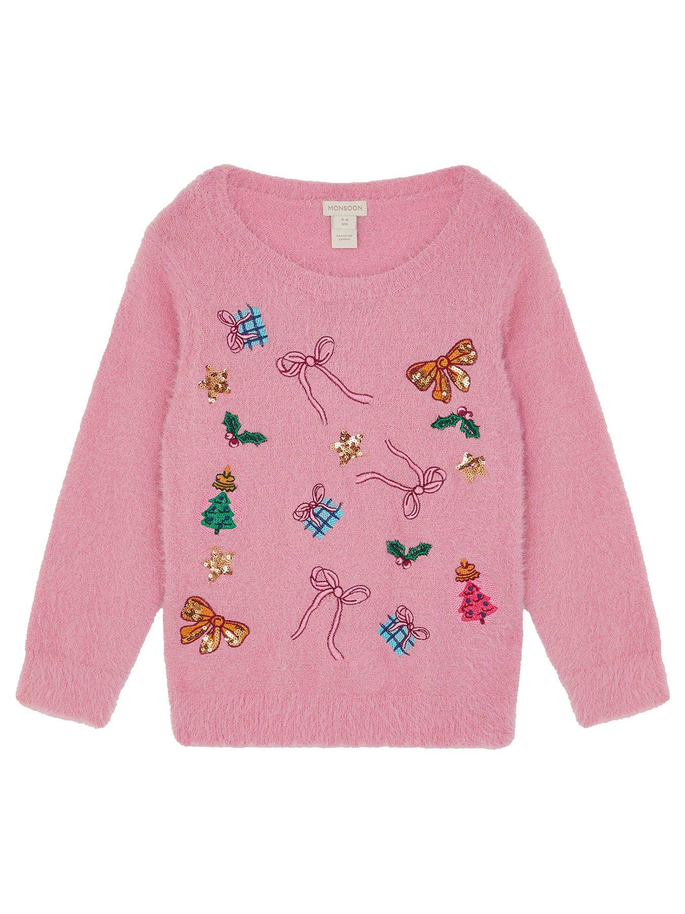 Image 2 of 4 of Monsoon Girls Christmas All Over Knitted Jumper - Pink