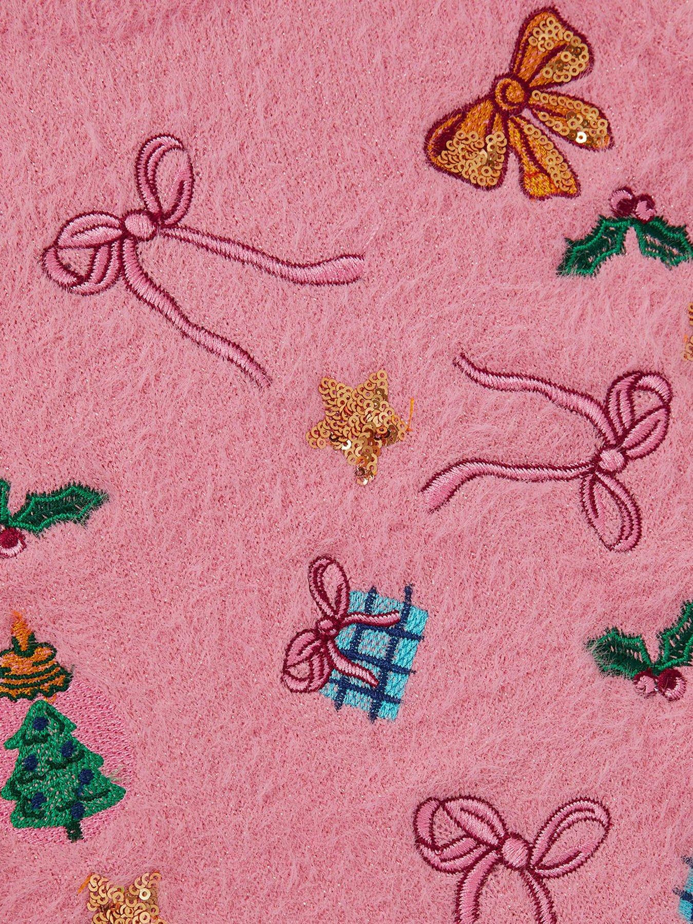 Image 4 of 4 of Monsoon Girls Christmas All Over Knitted Jumper - Pink