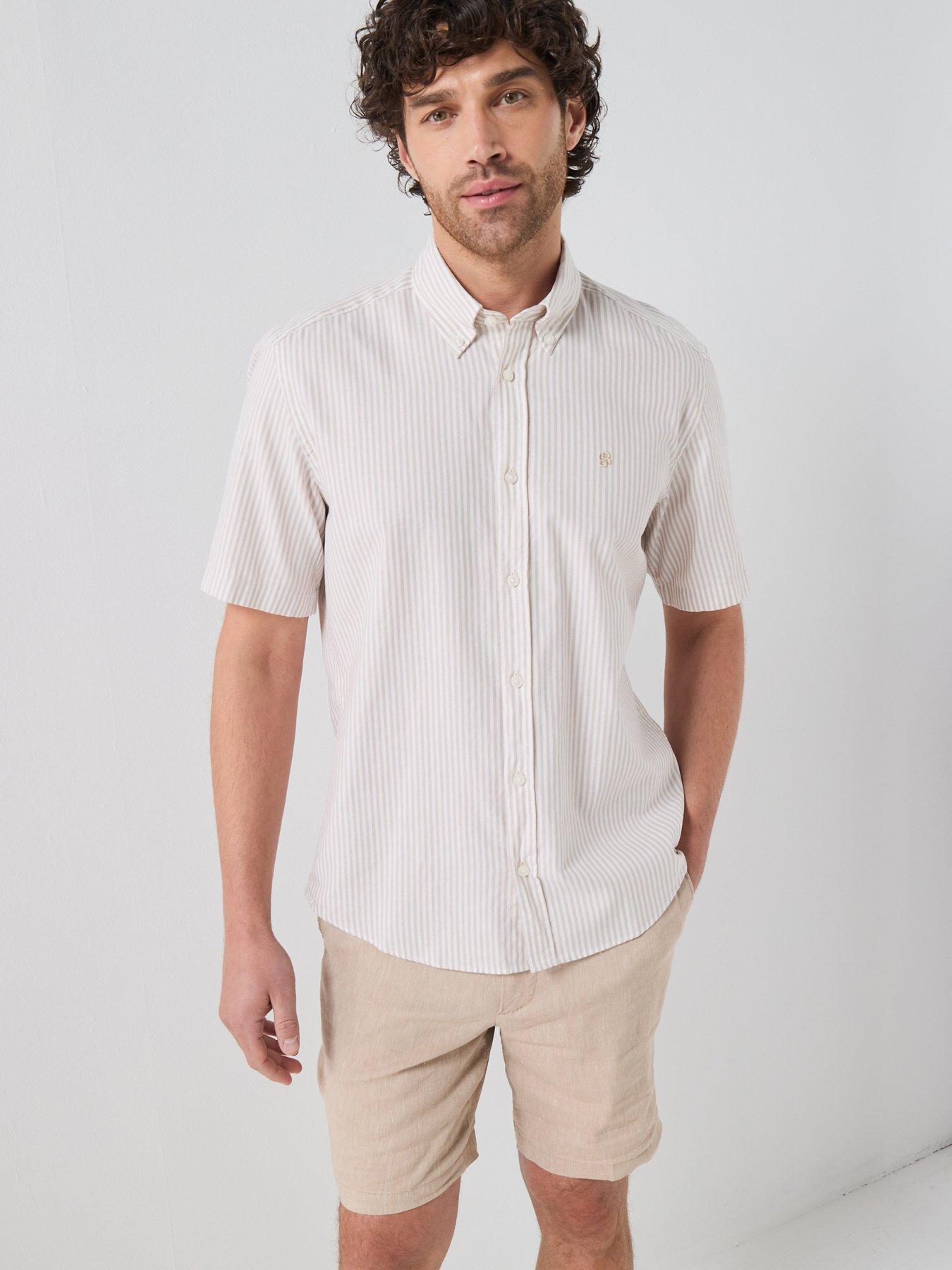 Image 1 of 5 of BOSS Button Down Short Sleeve Stripe Shirt - Beige