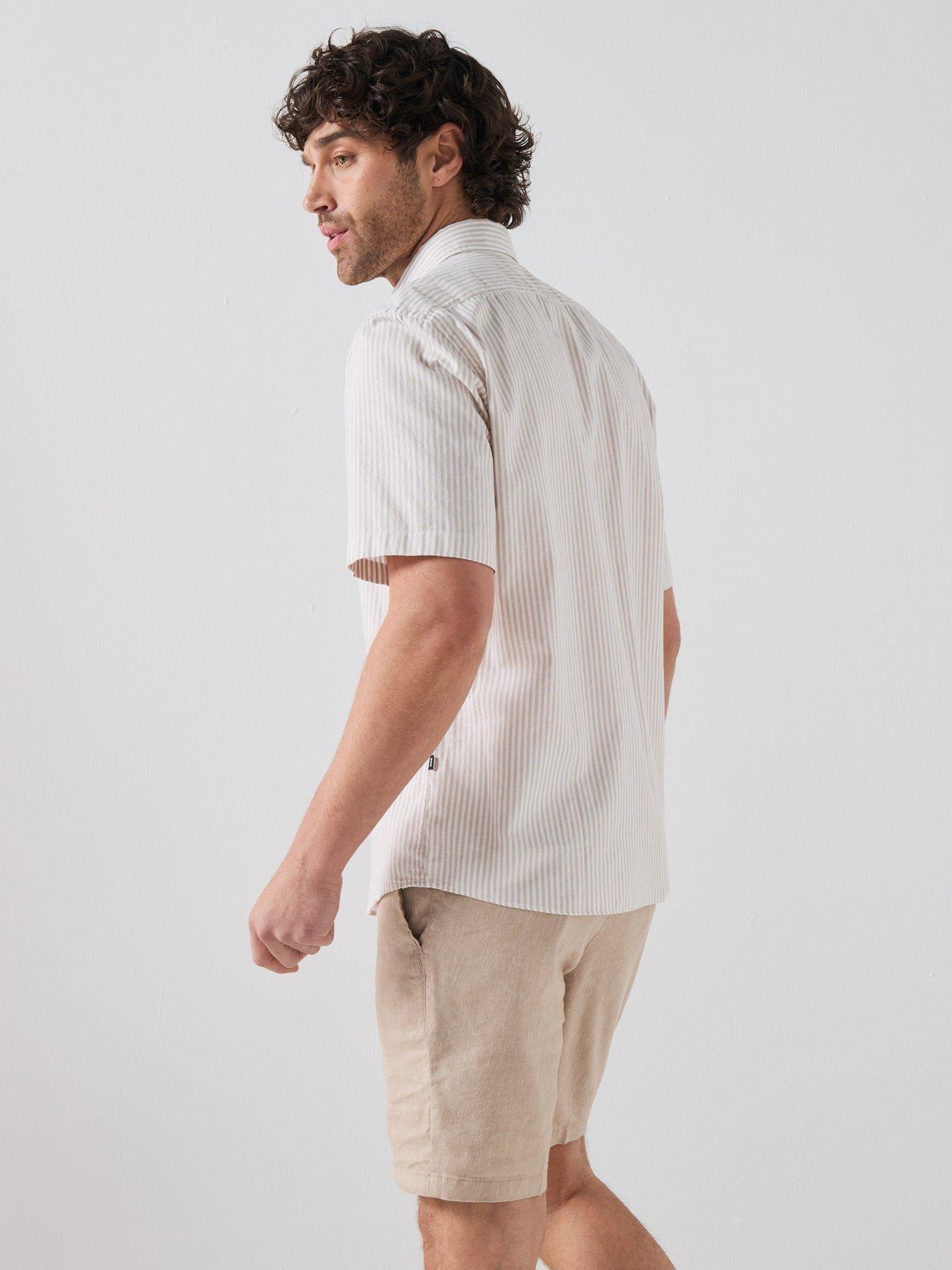 Image 2 of 5 of BOSS Button Down Short Sleeve Stripe Shirt - Beige