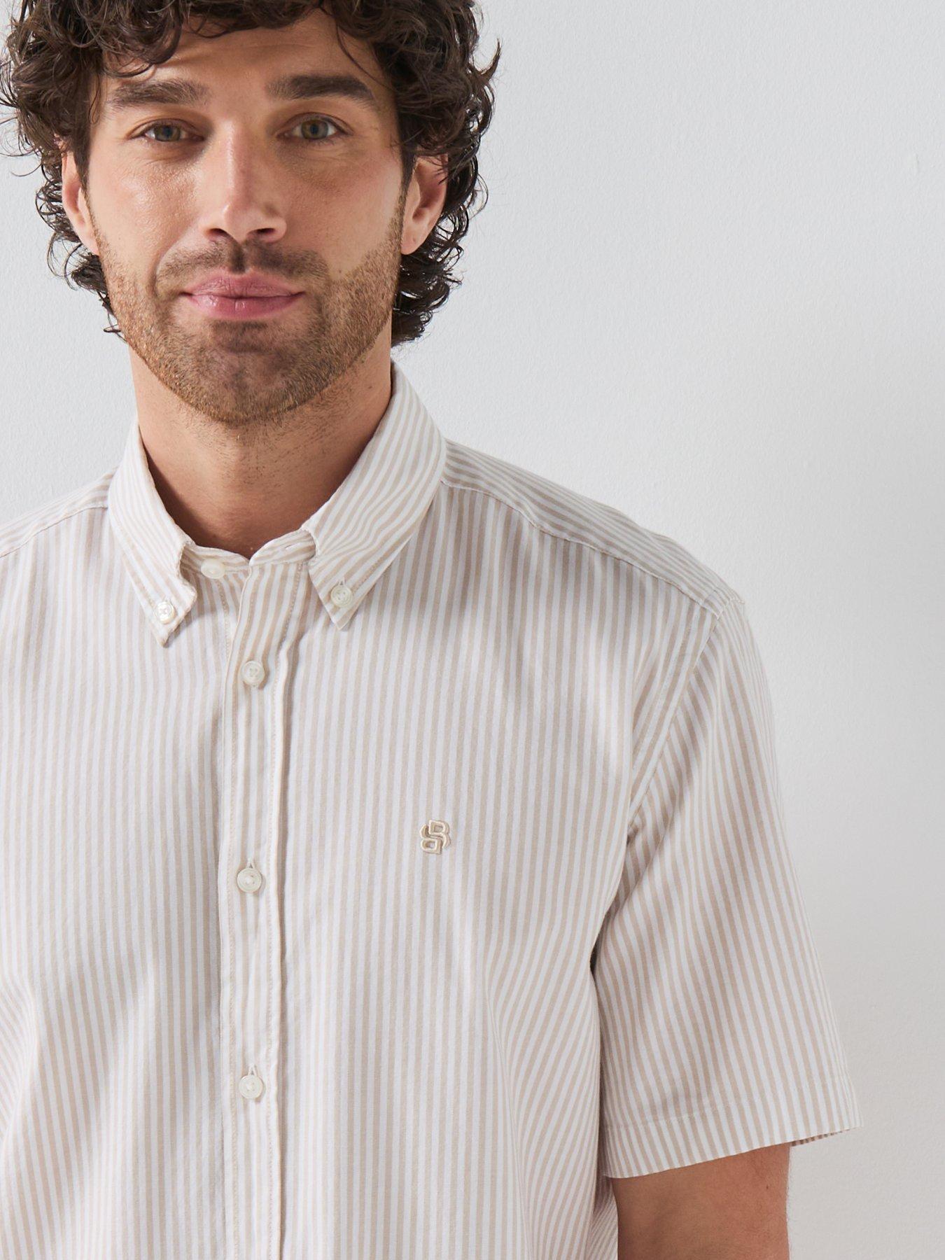 Image 4 of 5 of BOSS Button Down Short Sleeve Stripe Shirt - Beige