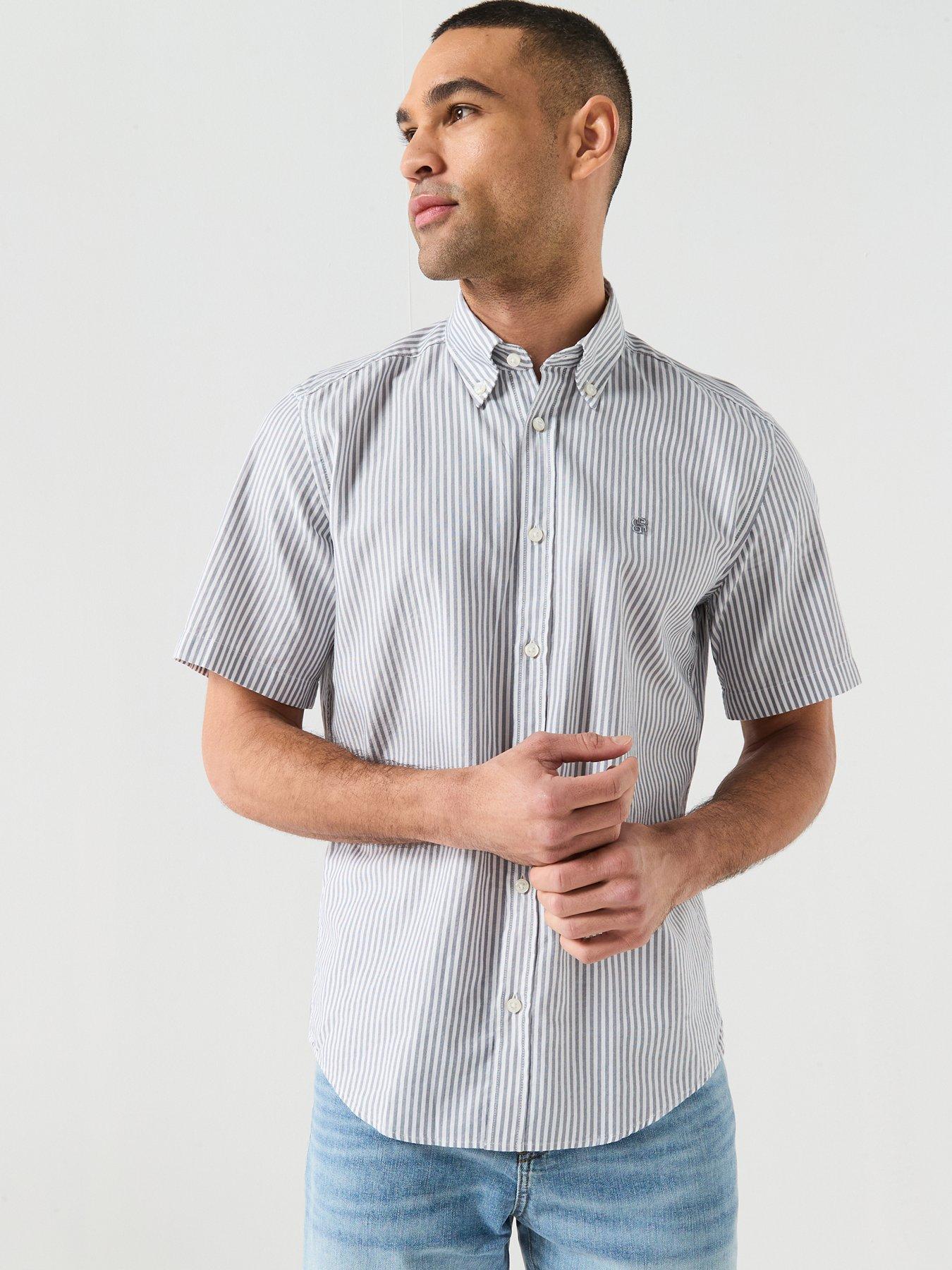 BOSS Button Down Short Sleeve Stripe Shirt - Blue