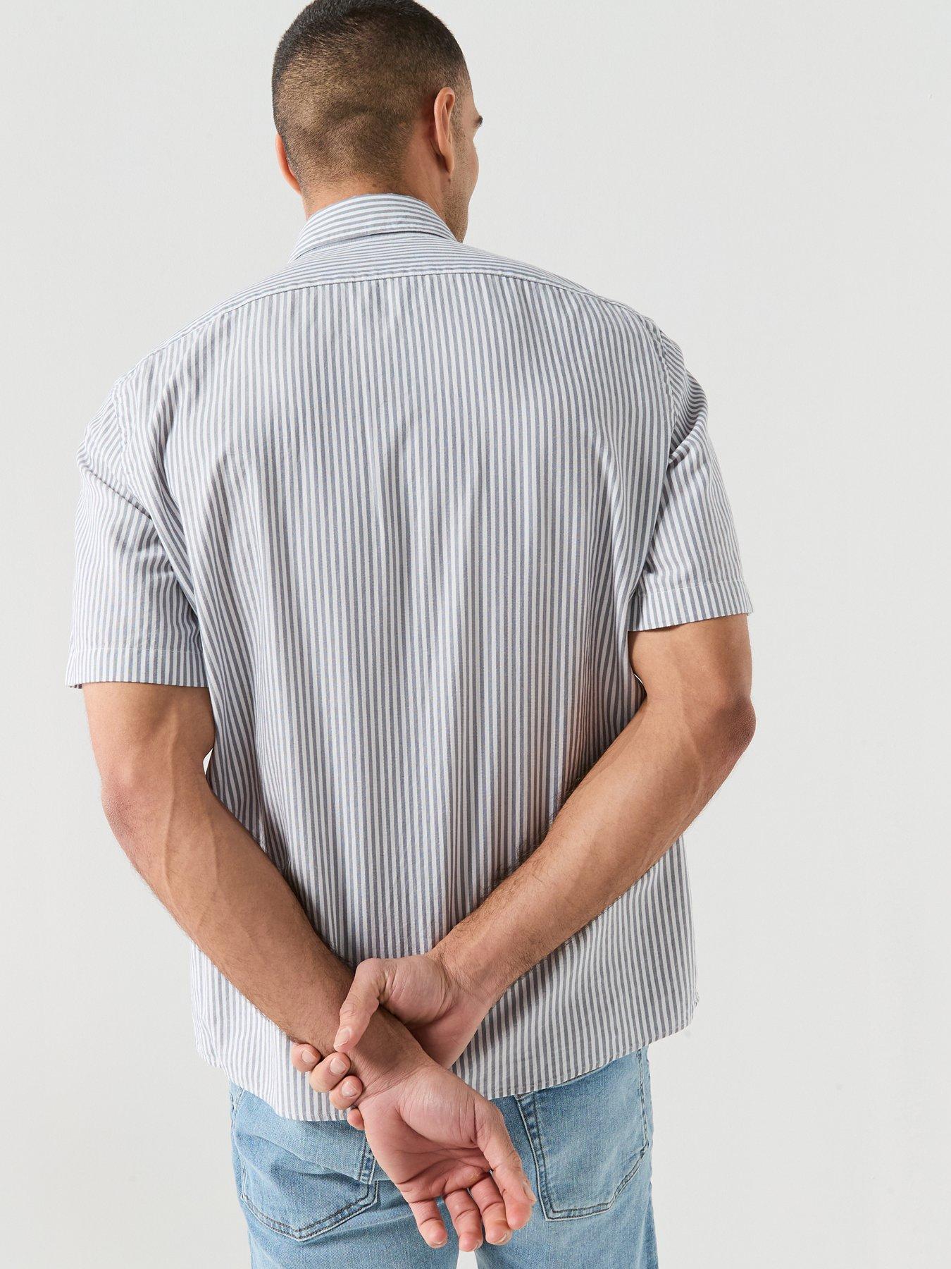 Image 2 of 6 of BOSS Button Down Short Sleeve Stripe Shirt - Blue