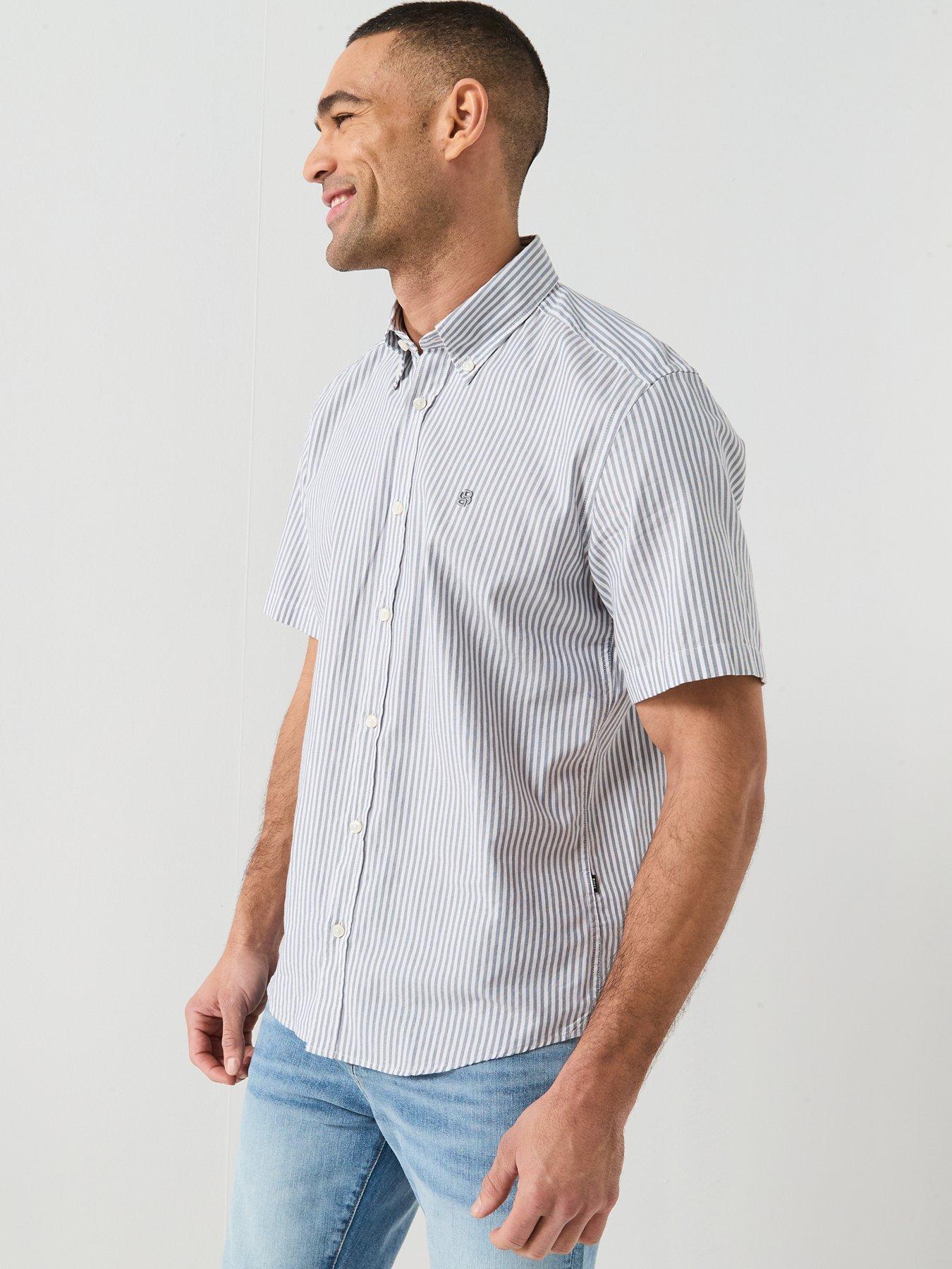 Image 6 of 6 of BOSS Button Down Short Sleeve Stripe Shirt - Blue