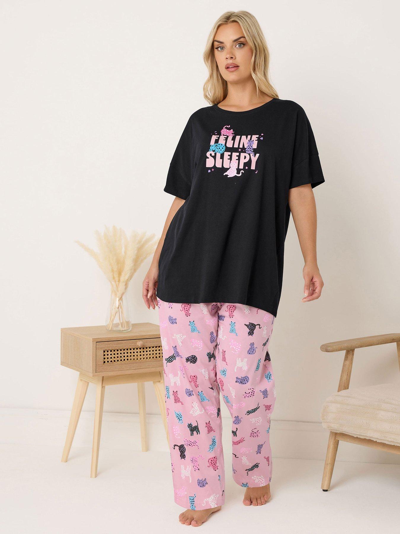 front image of yours-curve-feline-sleepy-wide-leg-pyjama-set-black