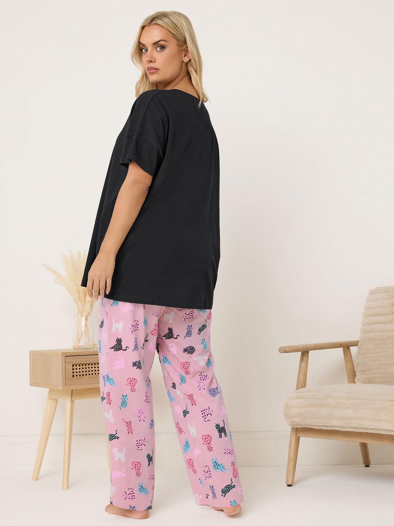 stillFront image of yours-curve-feline-sleepy-wide-leg-pyjama-set-black