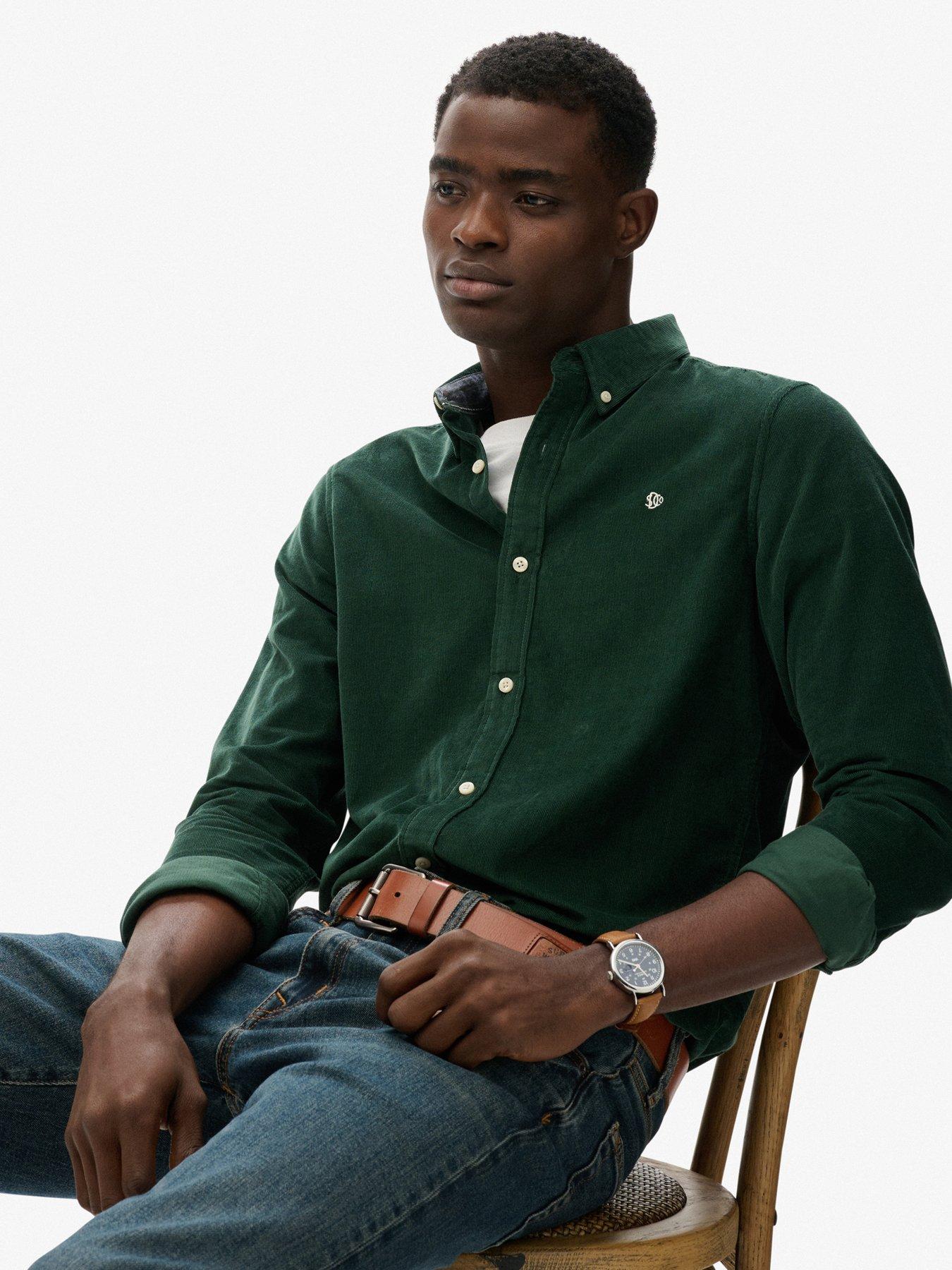  image of superdry-classic-needle-cord-long-sleeve-shirt-dark-green