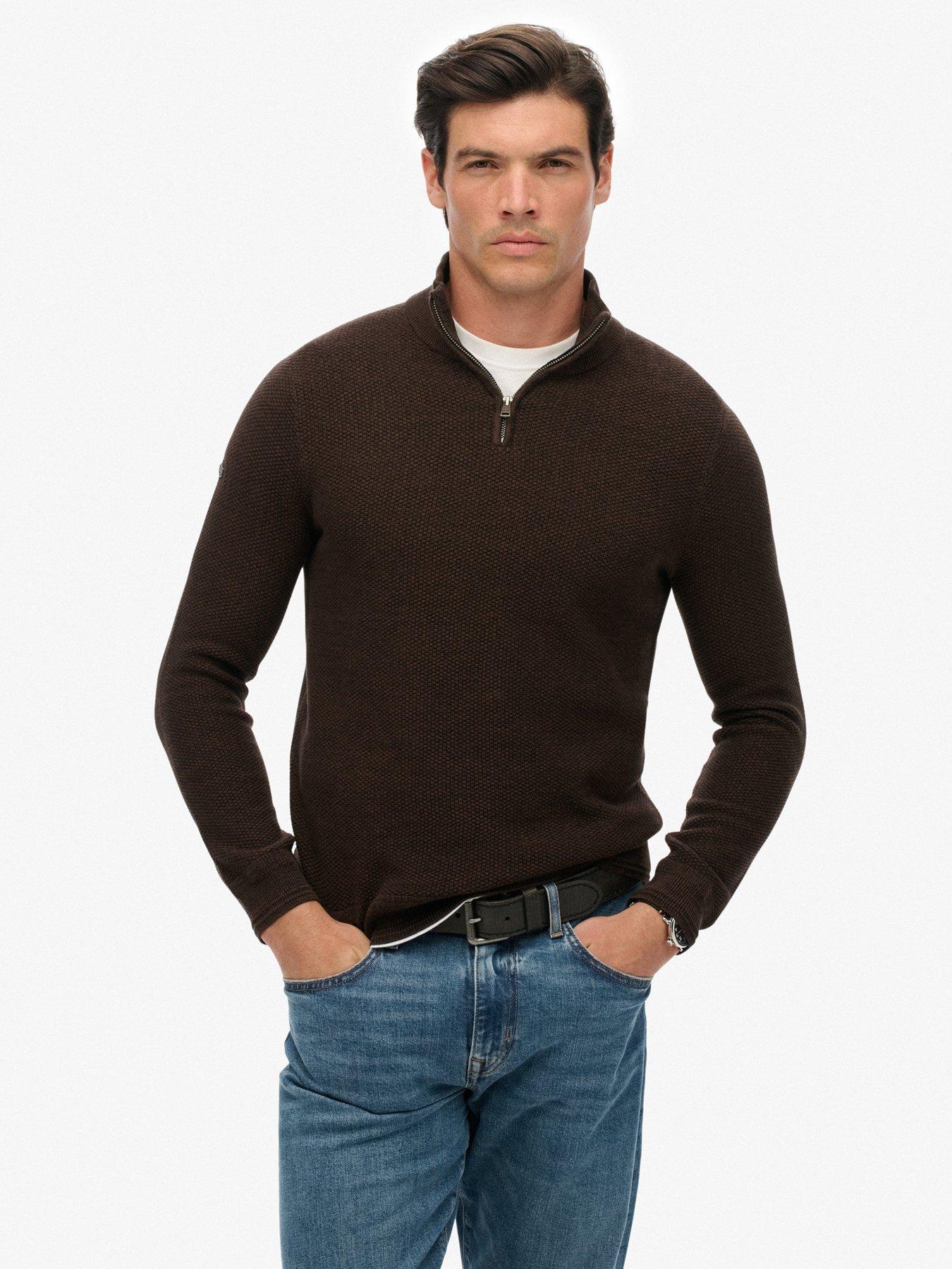  image of superdry-textured-knitted-quarter-zip-brown