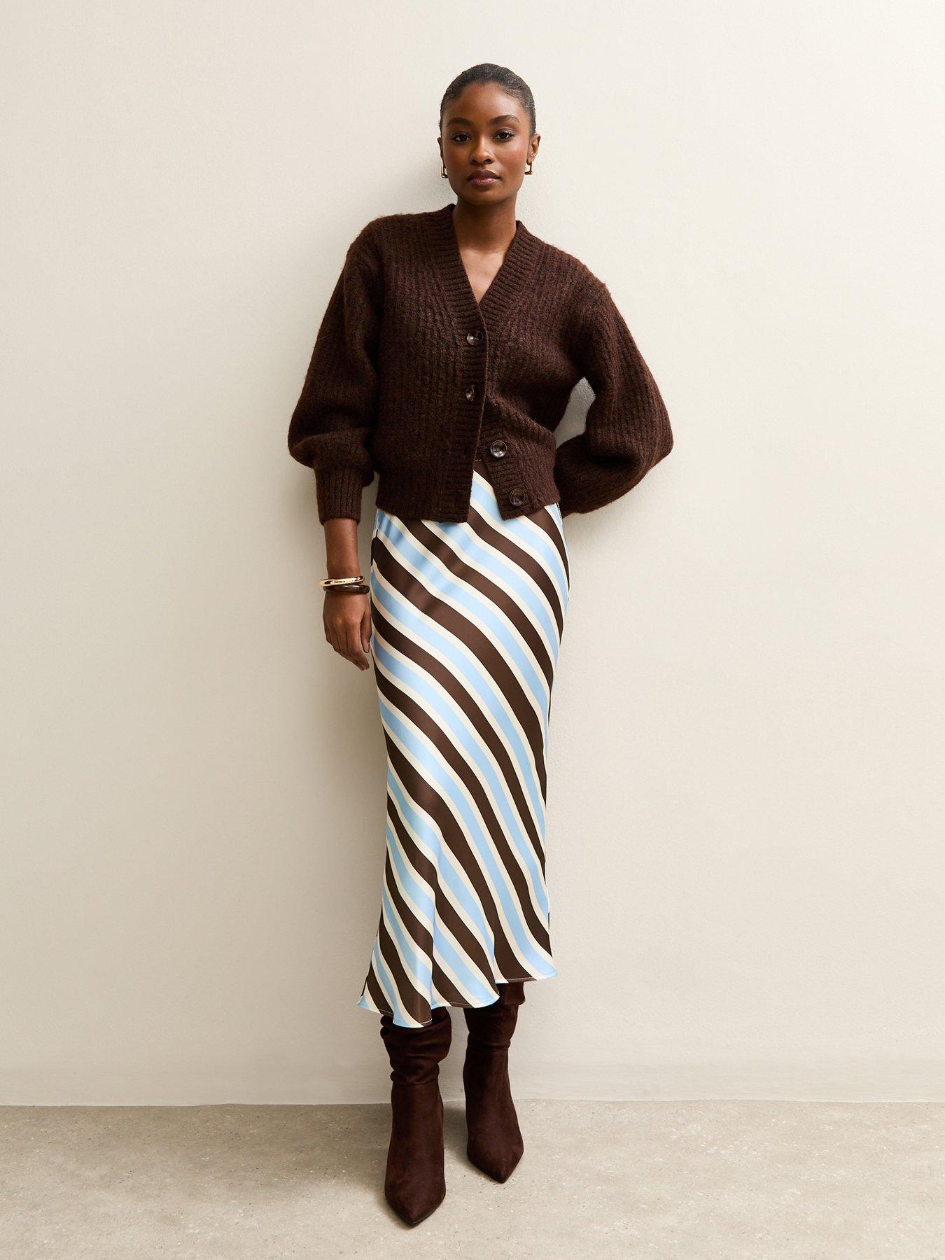 New Look Satin Striped Bias Cut Midi Skirt - Stripe
