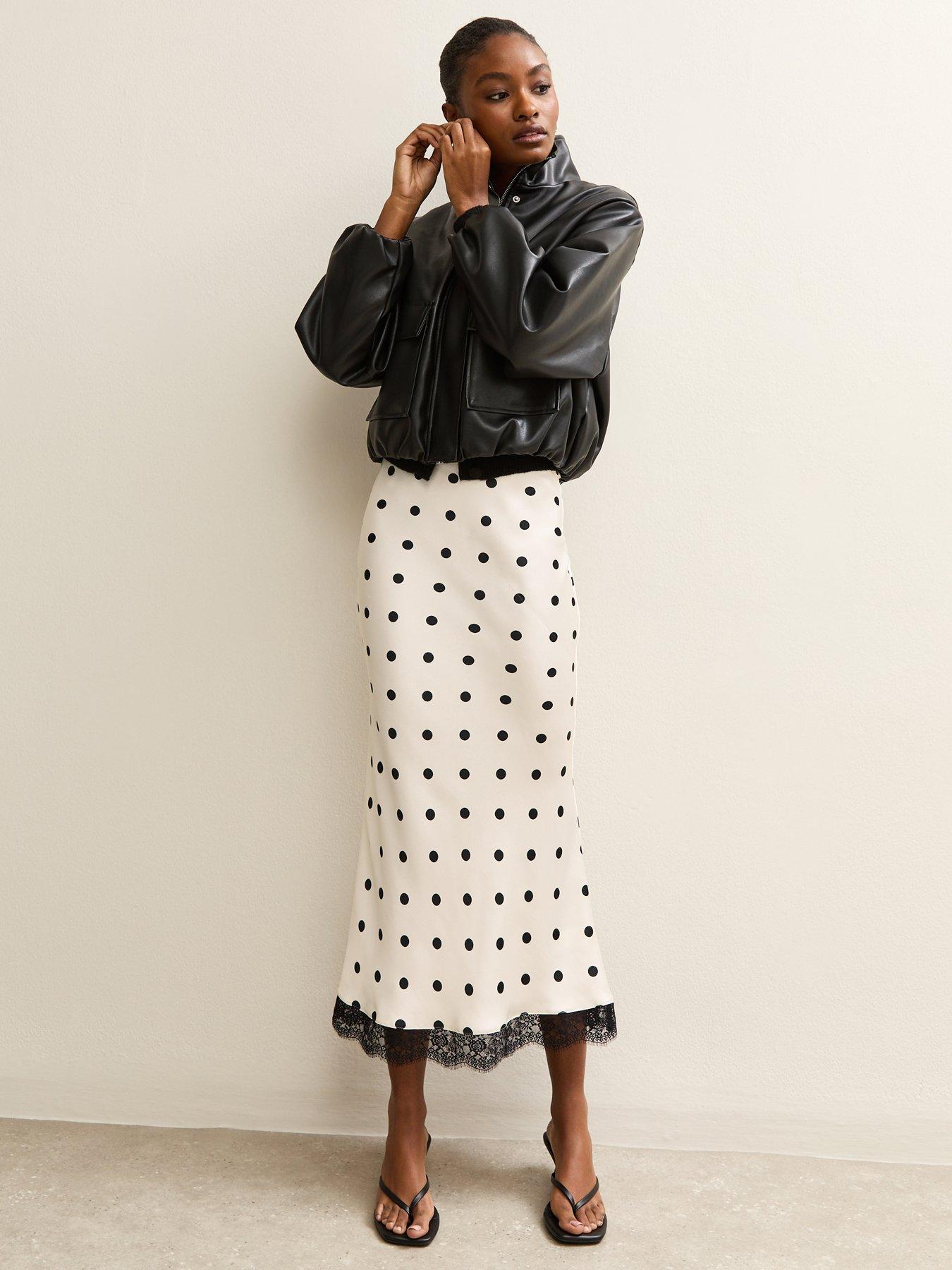 New Look Satin Polka Dot Lace Trim Midi Skirt - Cream