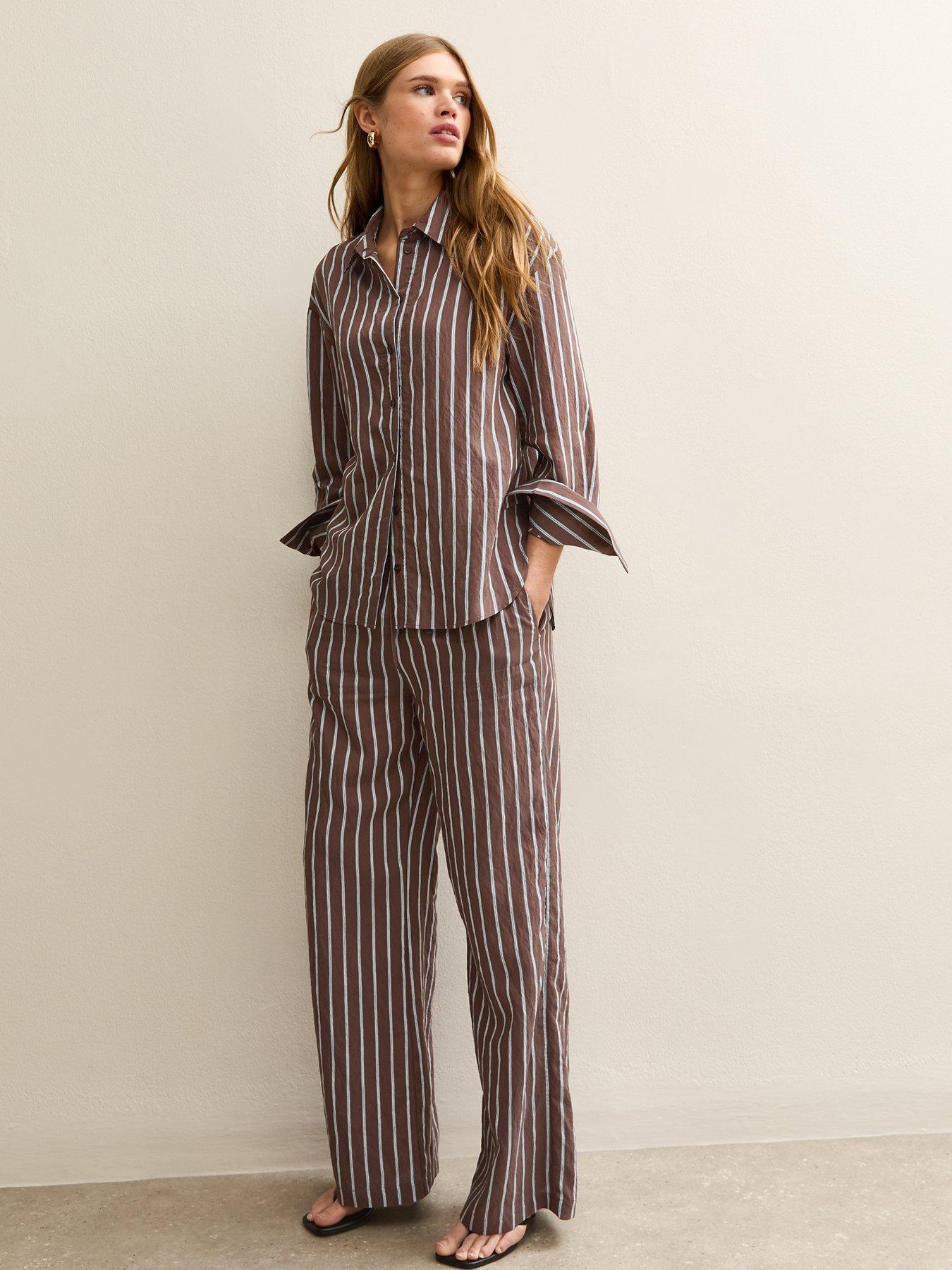  image of new-look-striped-drawstring-wide-leg-trousers-brown