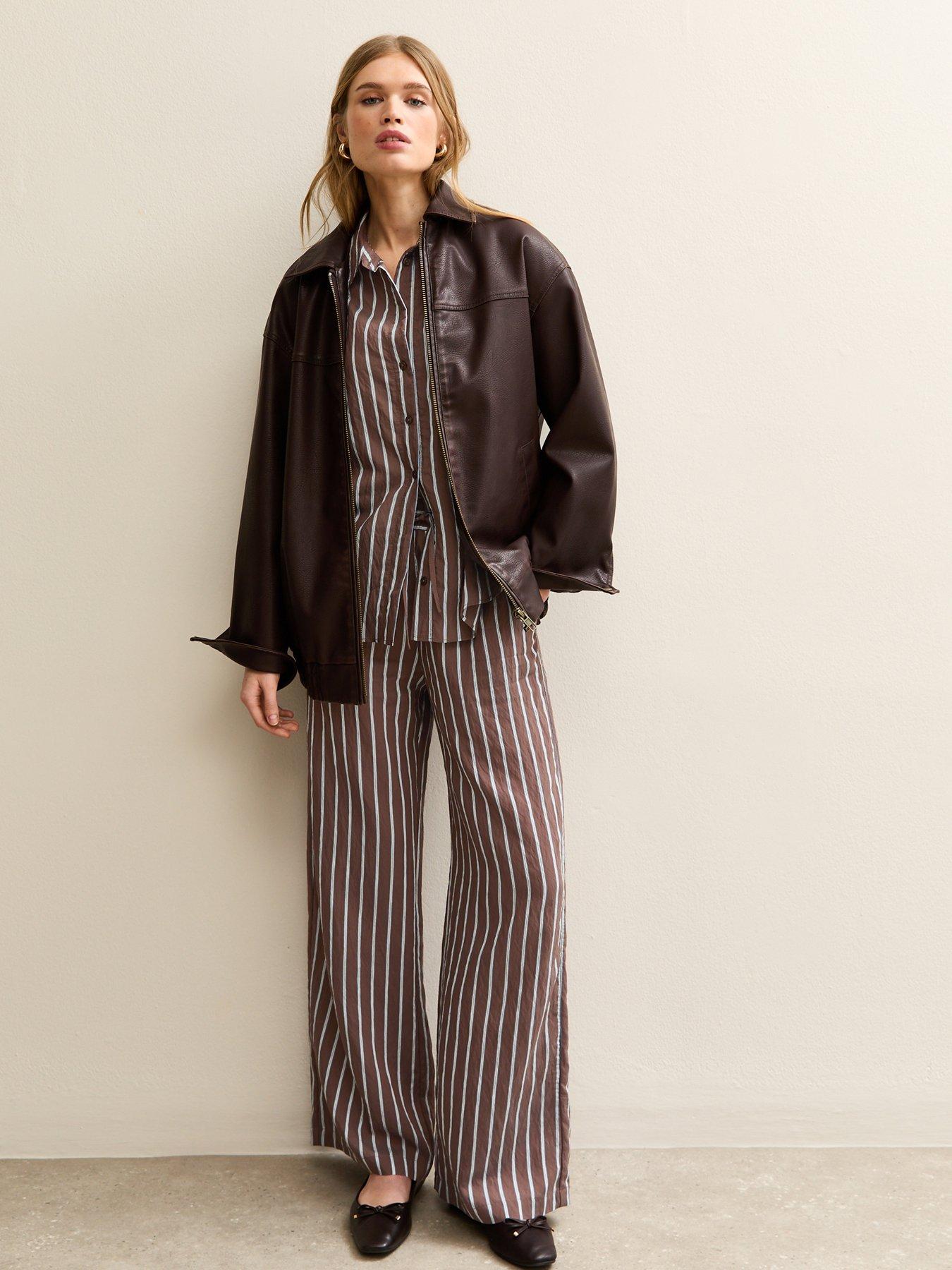  image of new-look-striped-drawstring-wide-leg-trousers-brown