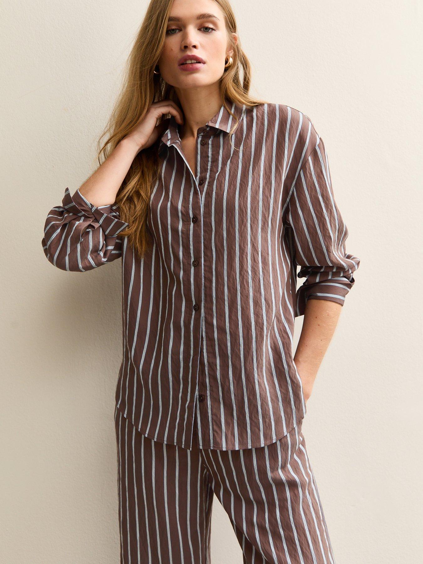 front image of new-look-striped-button-up-shirt-brown