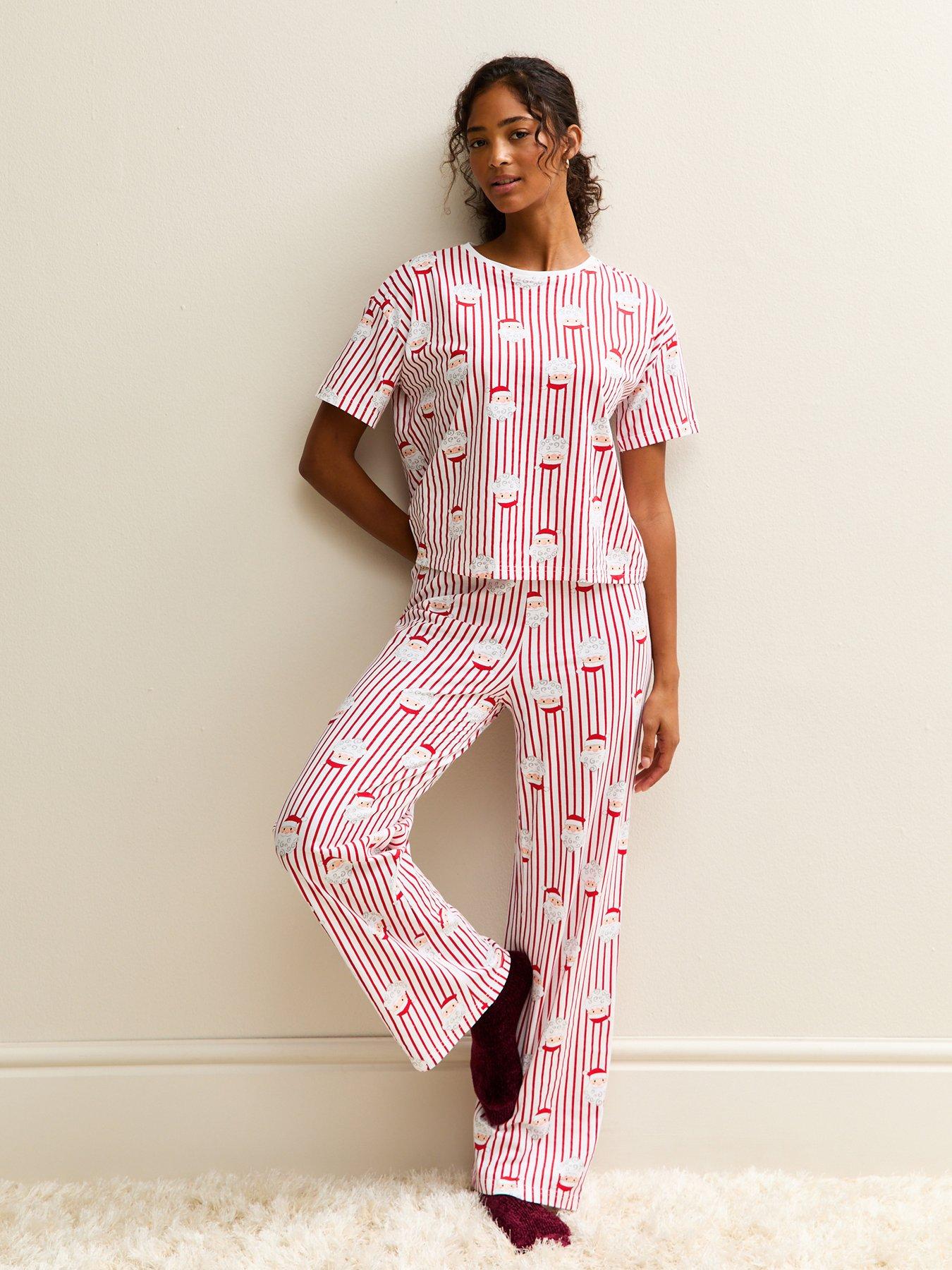 New Look Christmas Santa Print Striped Pyjama Set - Red