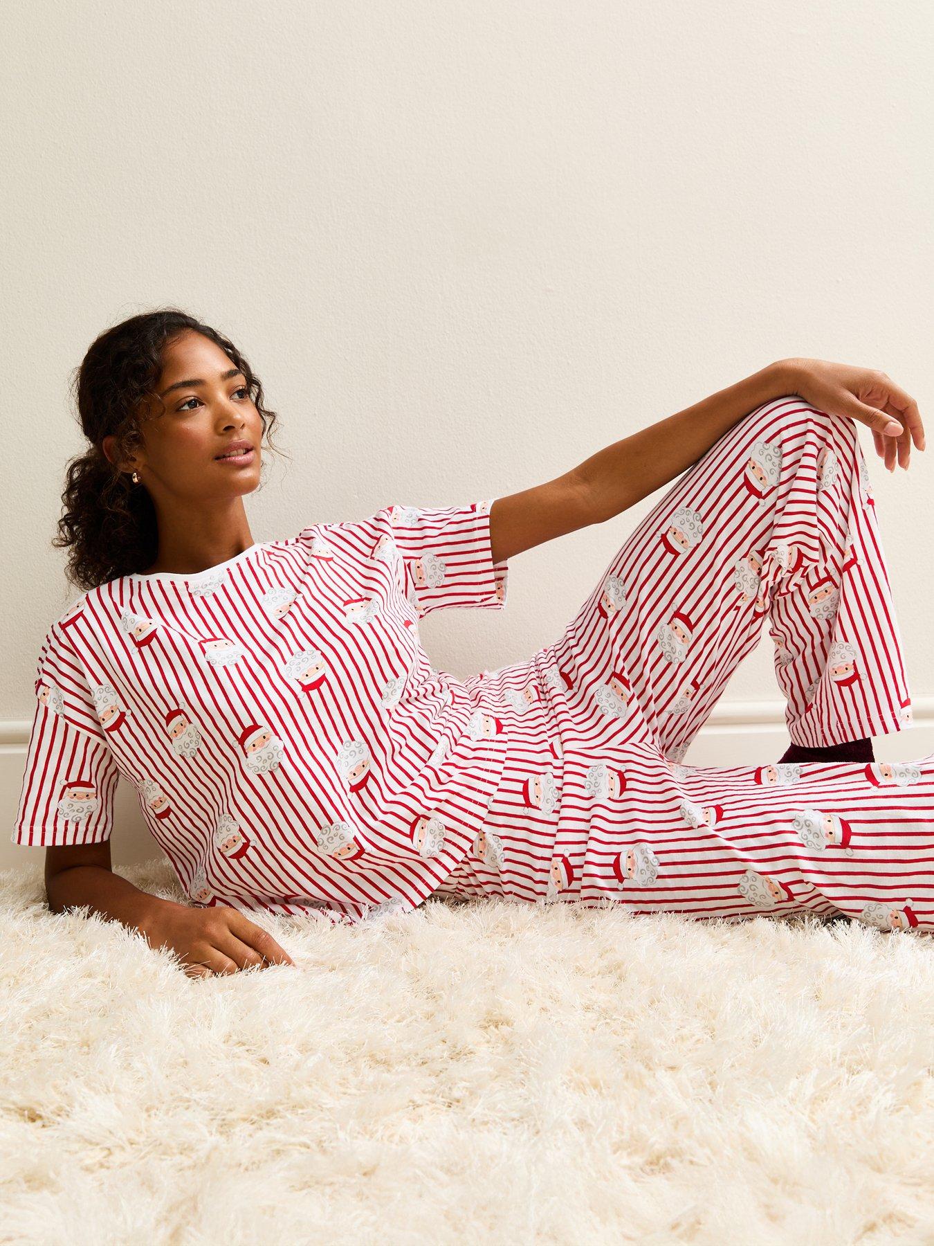 image of new-look-christmas-santa-print-striped-pyjama-set-red