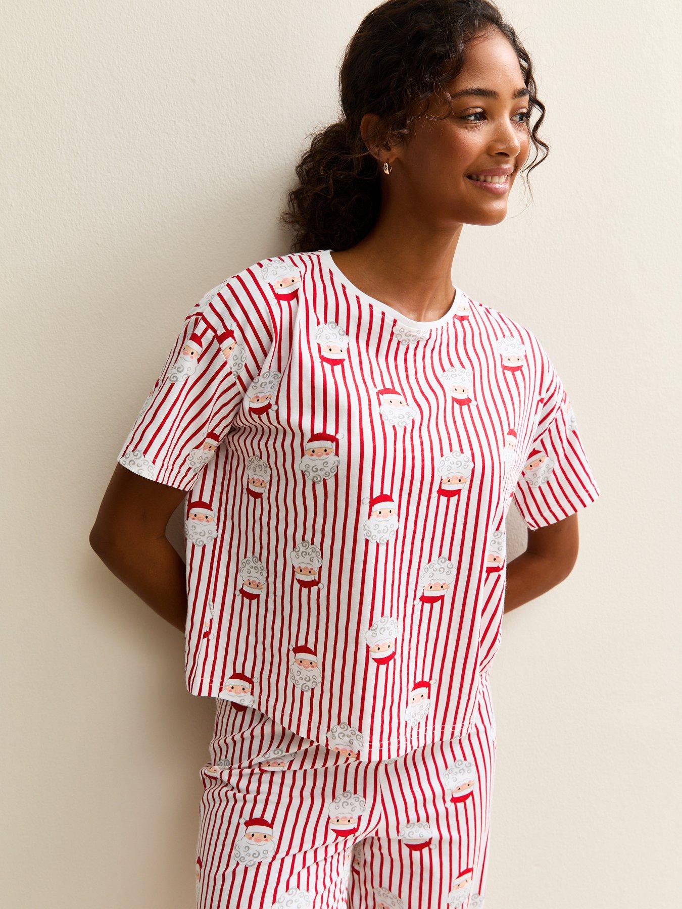  image of new-look-christmas-santa-print-striped-pyjama-set-red