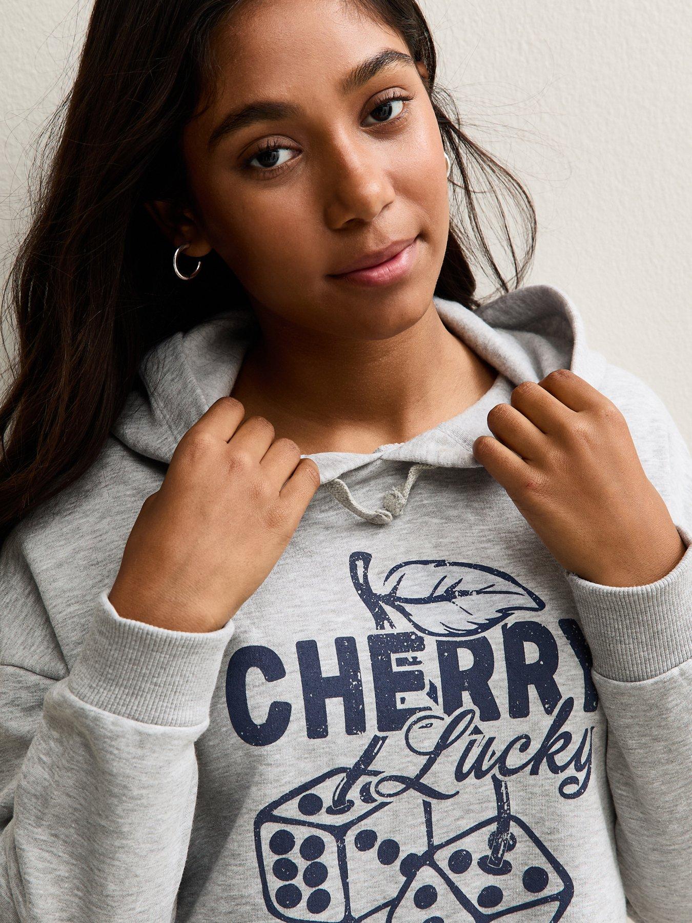  image of new-look-915-girls-lucky-dice-cropped-hoodie-dark-grey