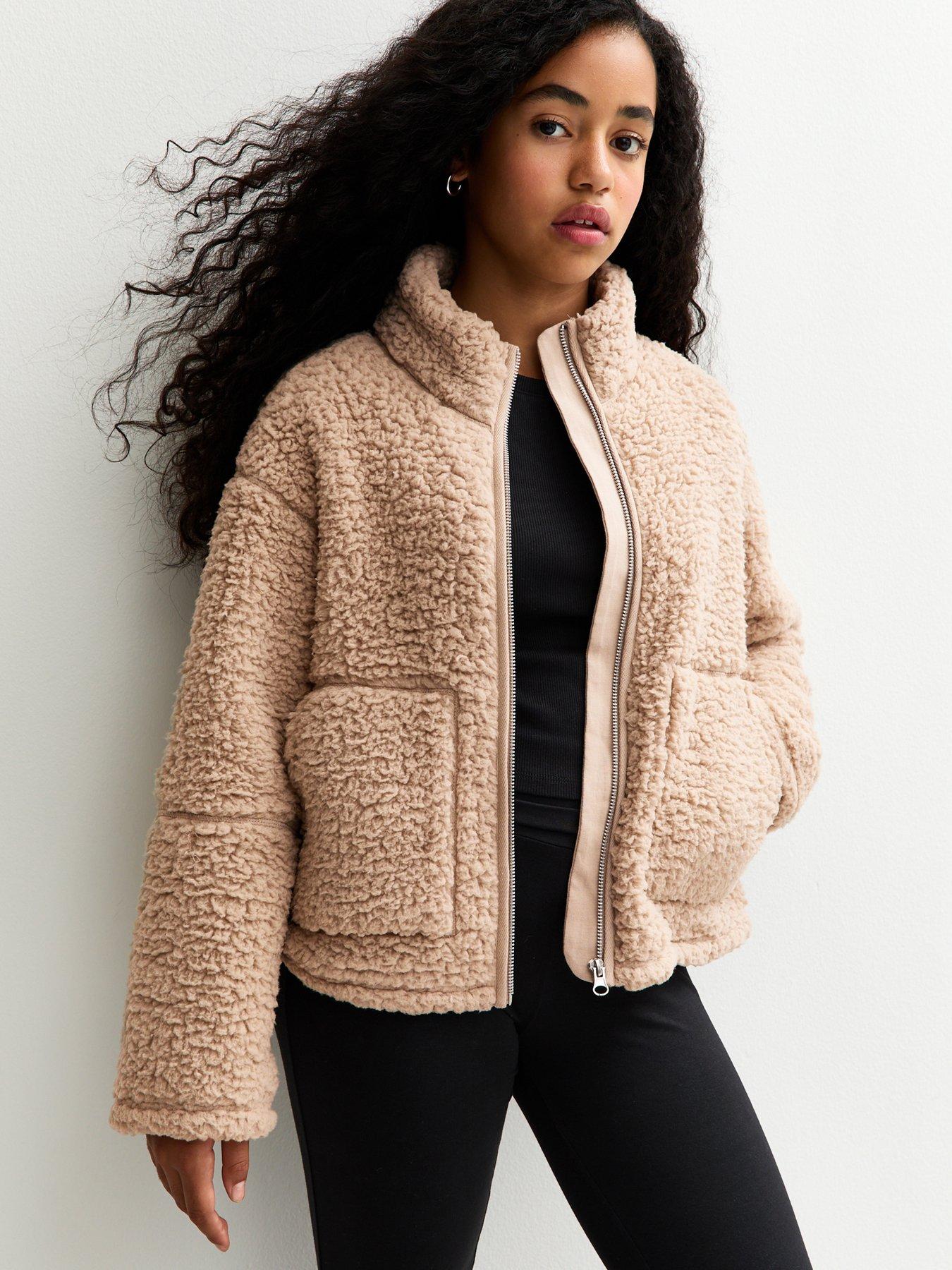 Image 1 of 5 of New Look 915 Girls Fluffy Texture Zip Up Fleece Jacket - Beige