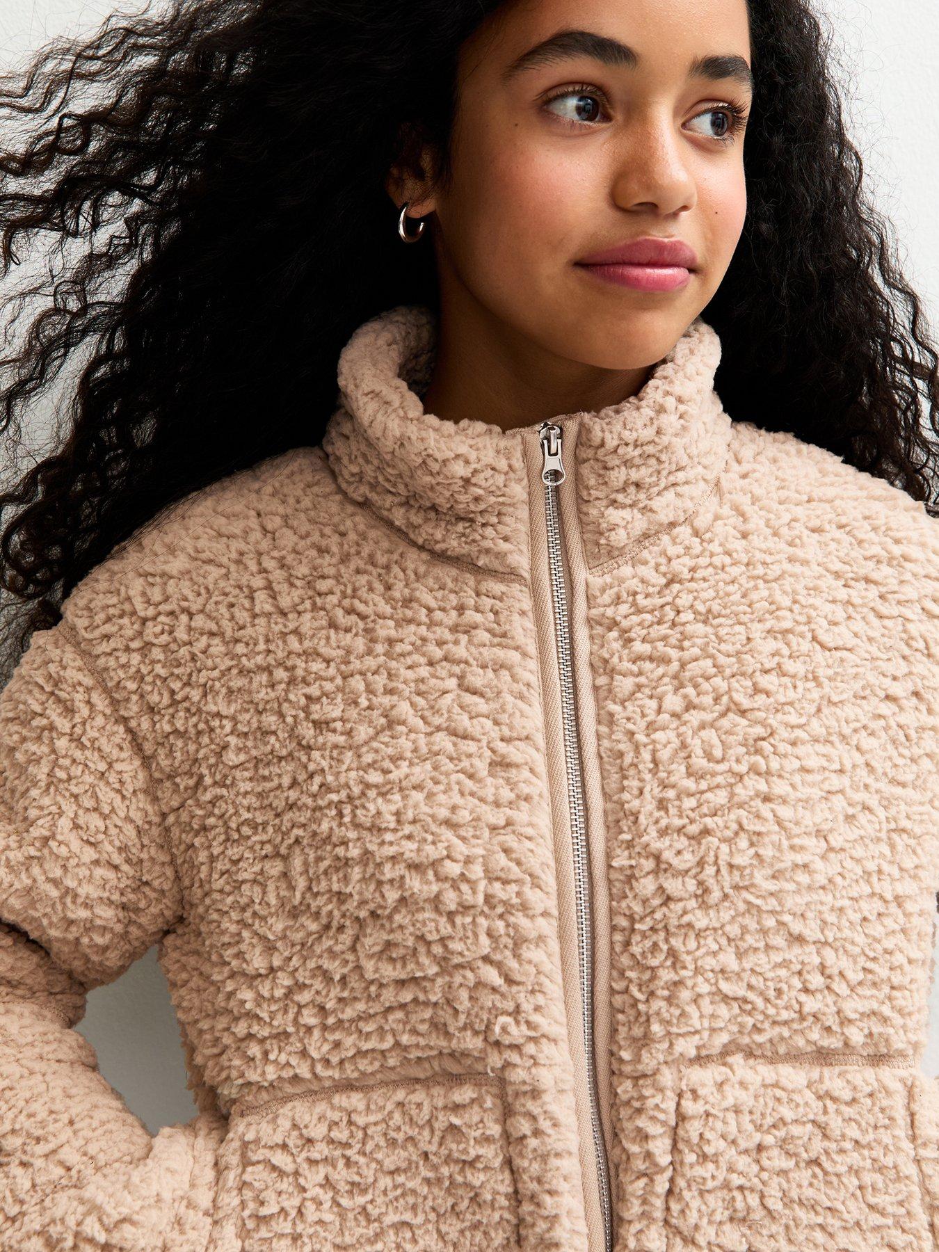 Image 4 of 5 of New Look 915 Girls Fluffy Texture Zip Up Fleece Jacket - Beige