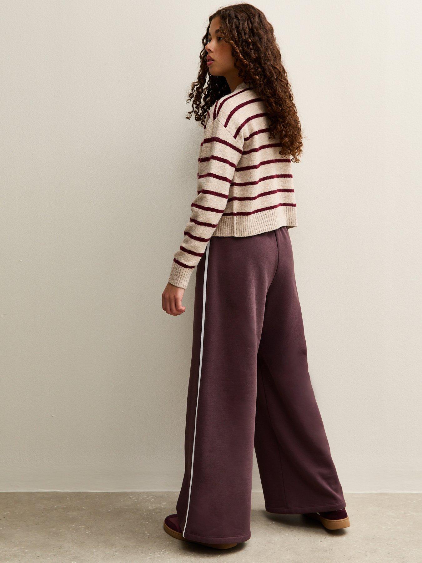 stillFront image of new-look-915-girls-side-stripe-wide-leg-trousers-dark-brown