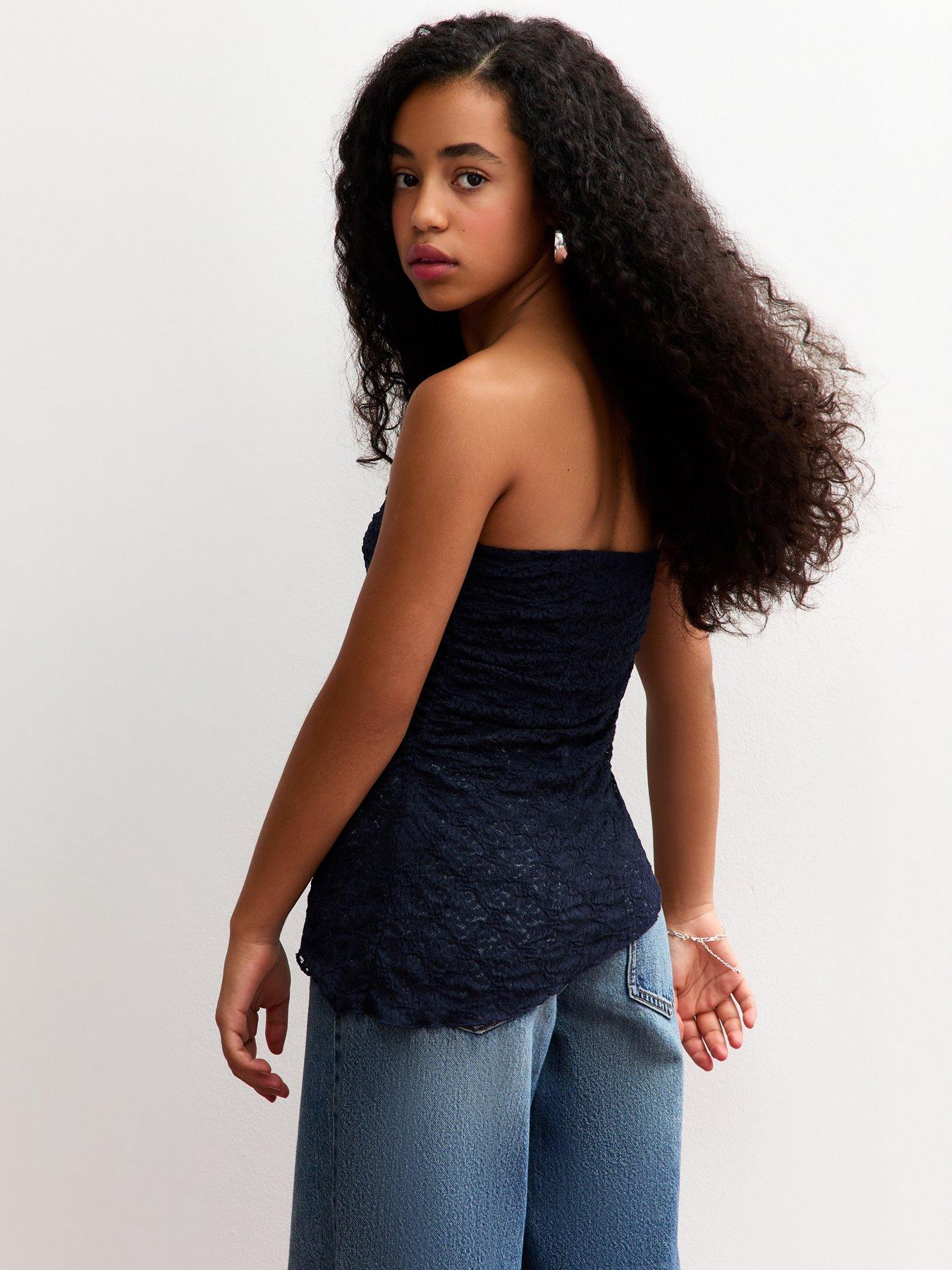  image of new-look-915-girls-jersey-lace-asymmetric-bandeau-top-navy