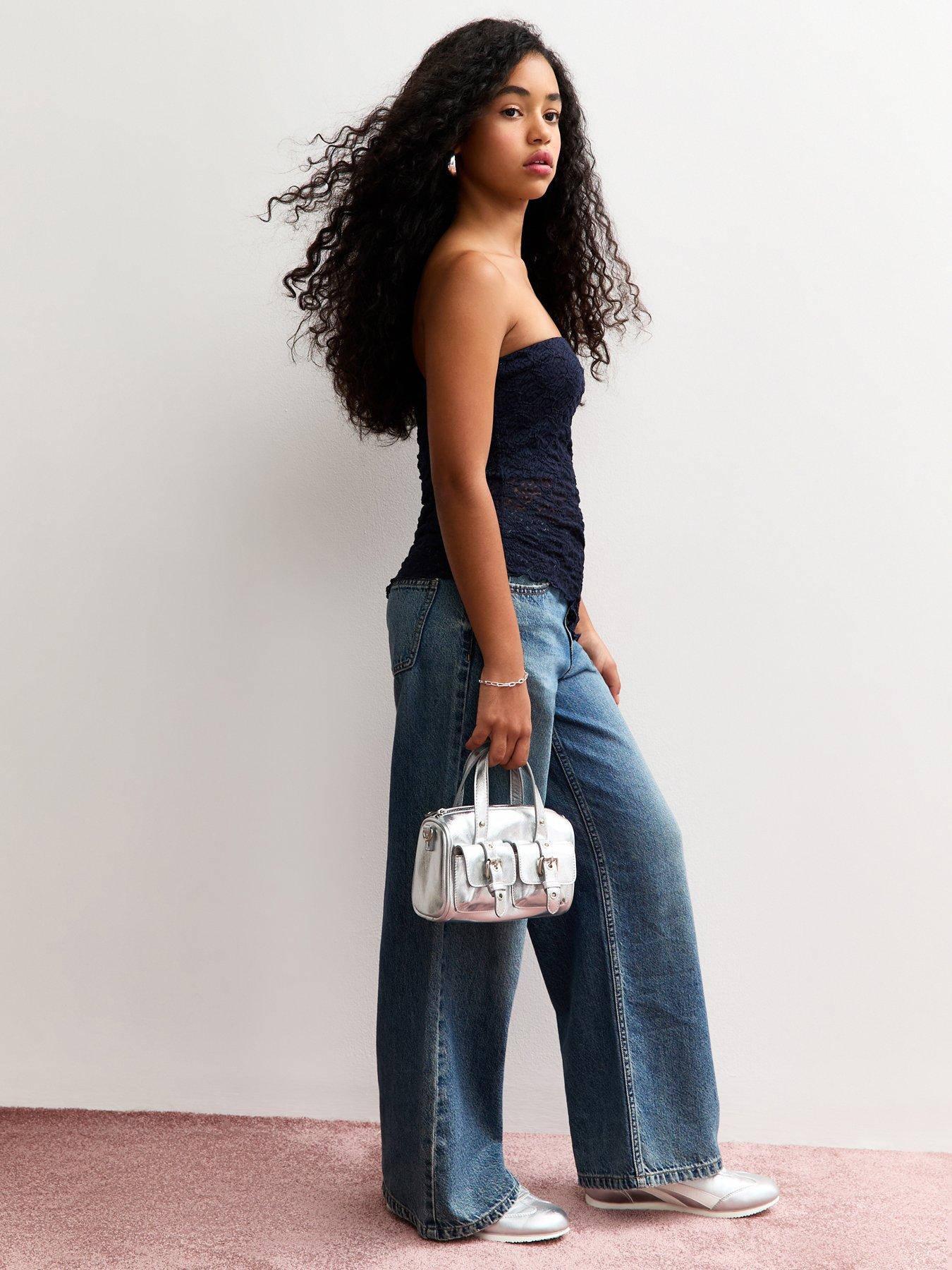  image of new-look-915-girls-jersey-lace-asymmetric-bandeau-top-navy