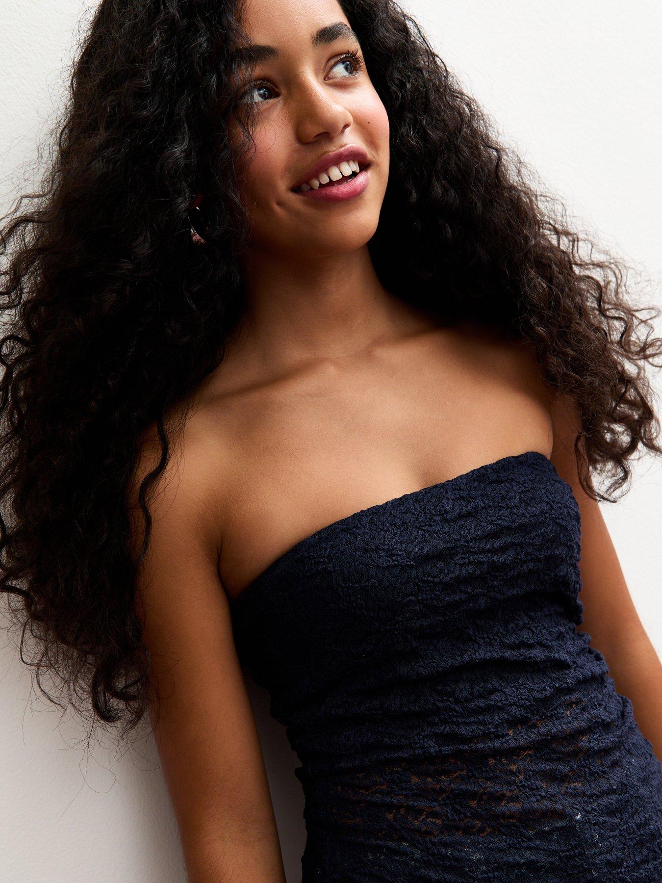  image of new-look-915-girls-jersey-lace-asymmetric-bandeau-top-navy