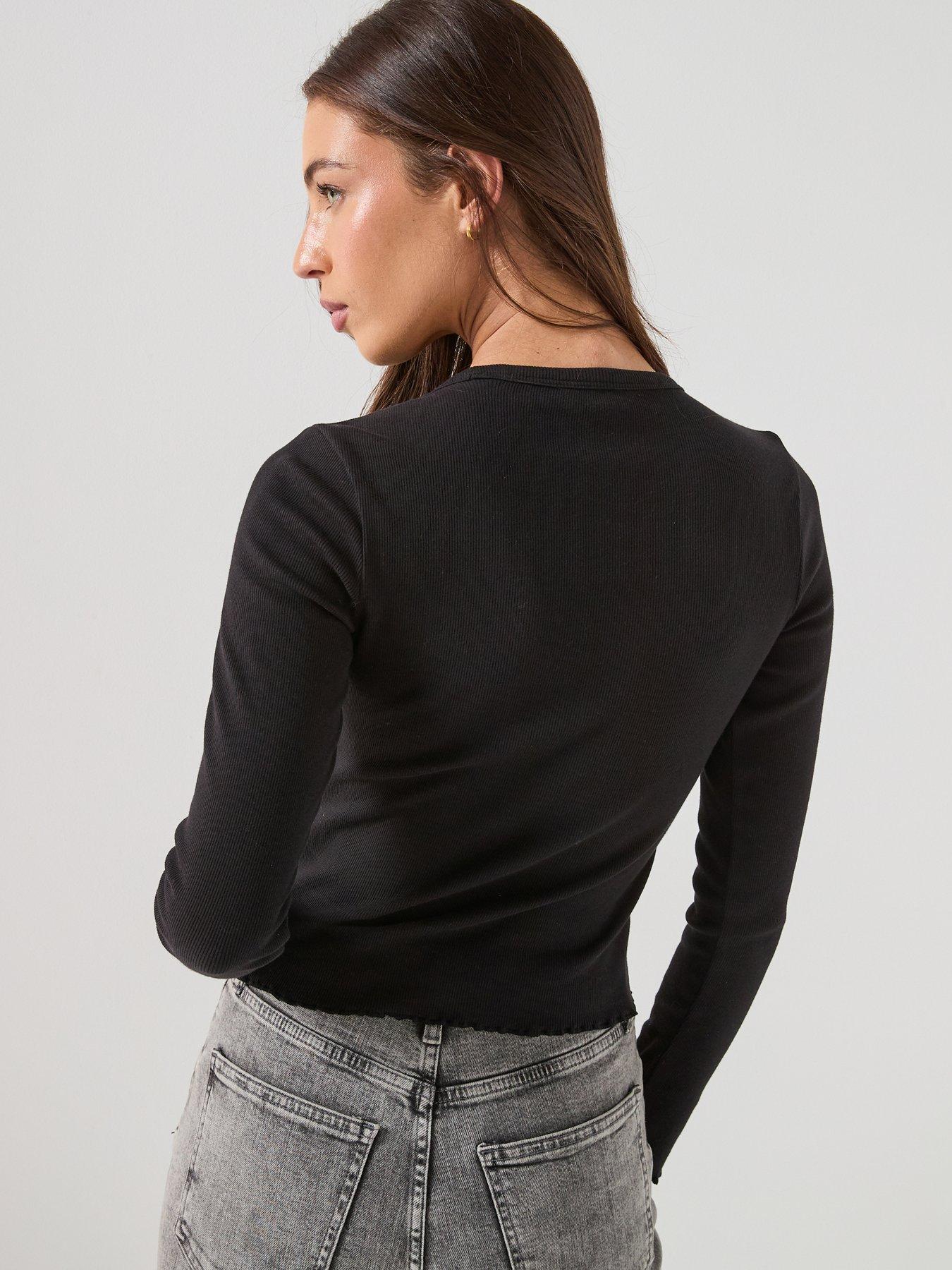 Tommy Jeans Long Sleeve Lettuce Edge Rib Top - Black | Littlewoods