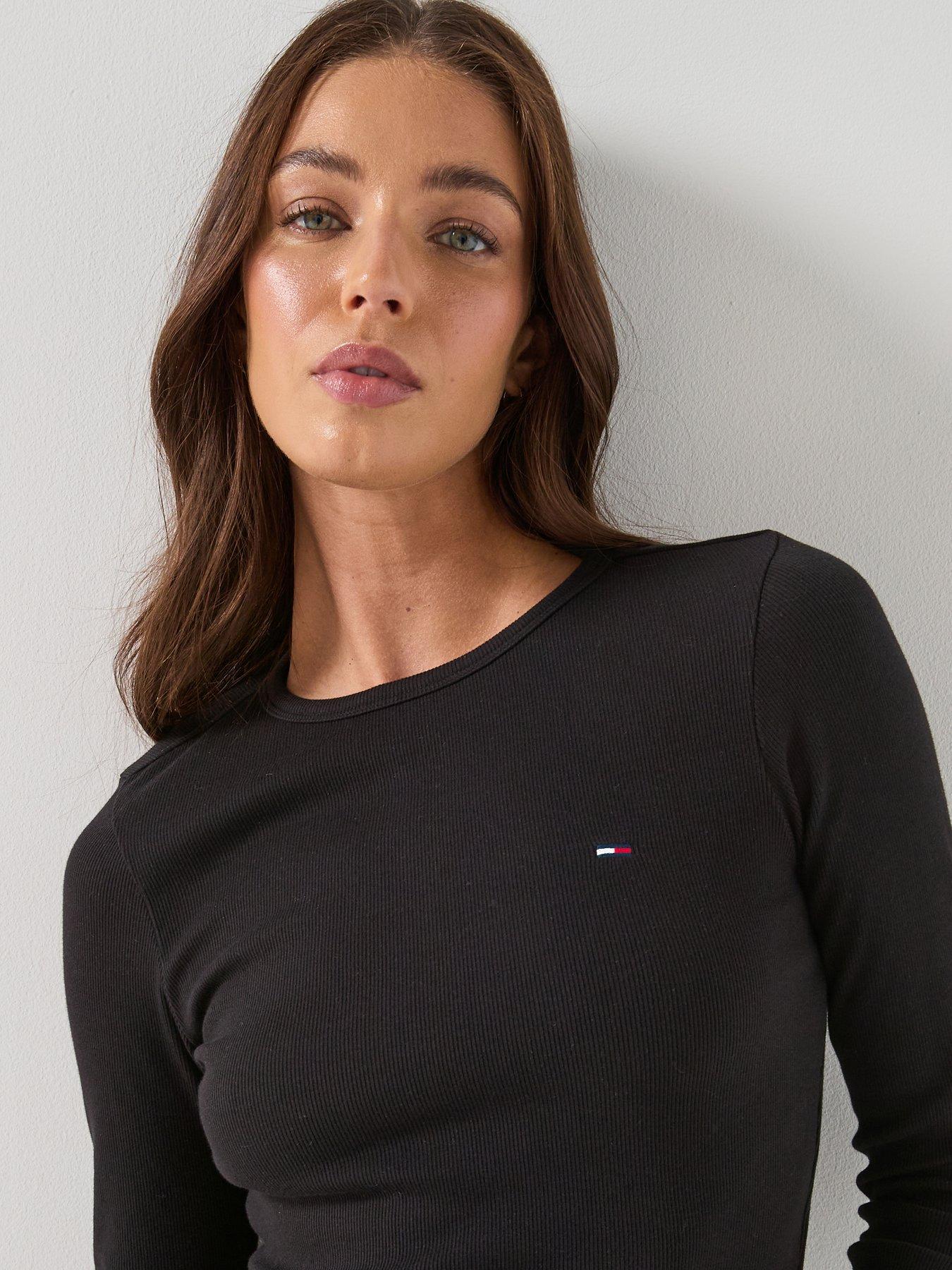 Tommy Jeans Long Sleeve Lettuce Edge Rib Top - Black | Littlewoods