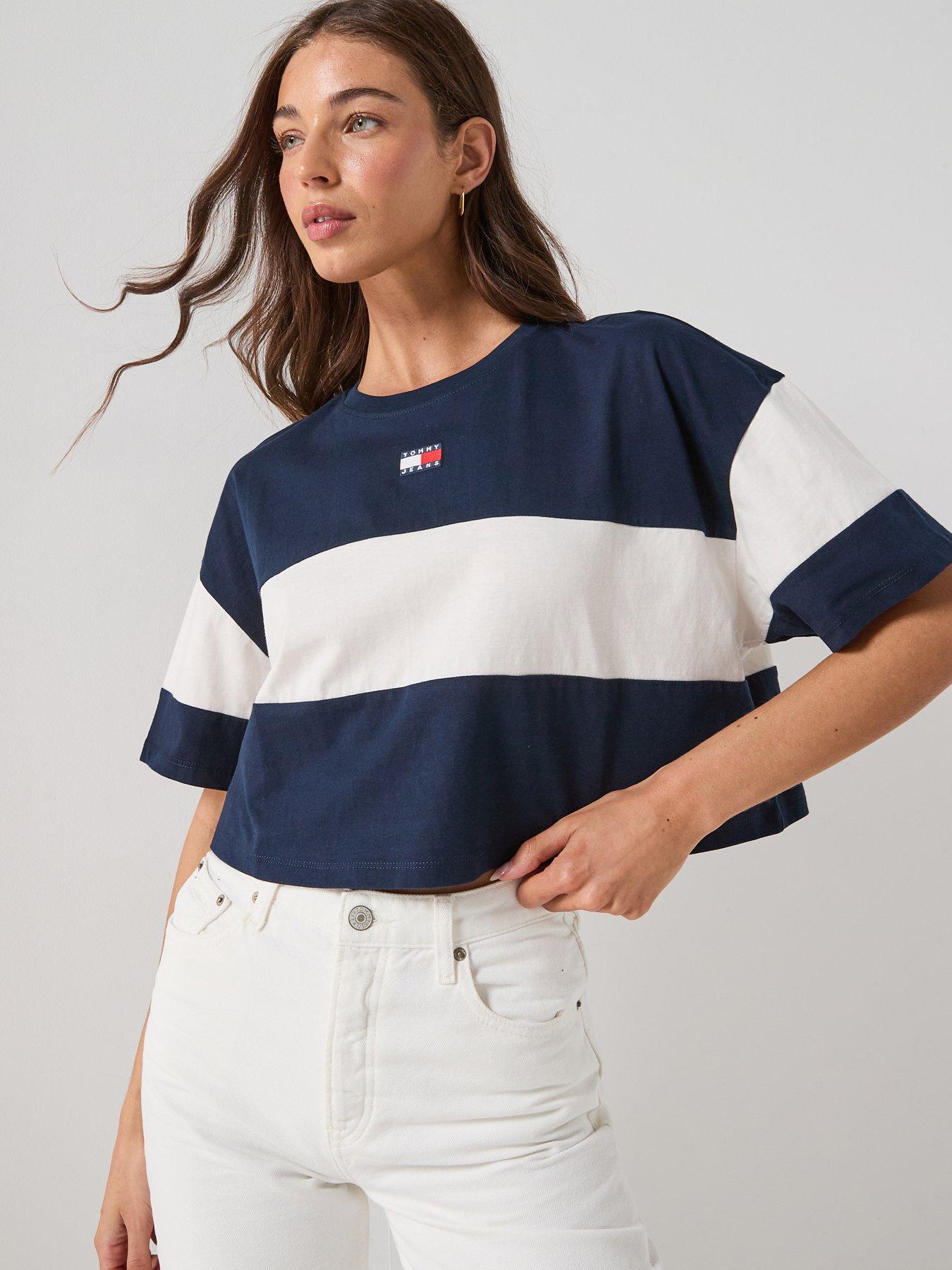 Tommy Jeans Striped Badge Half Sleeve Top - Navy