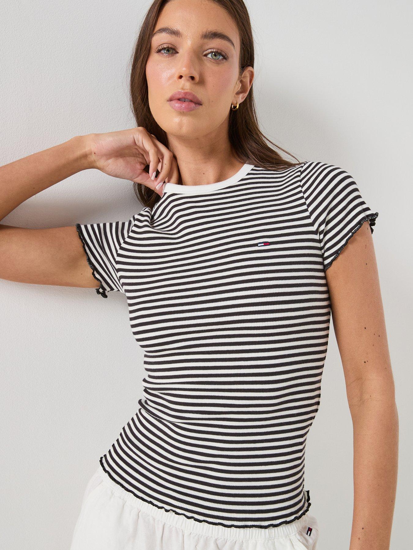 Tommy Jeans Short Sleeve Lettuce Edge Rib Top - Black Stripe
