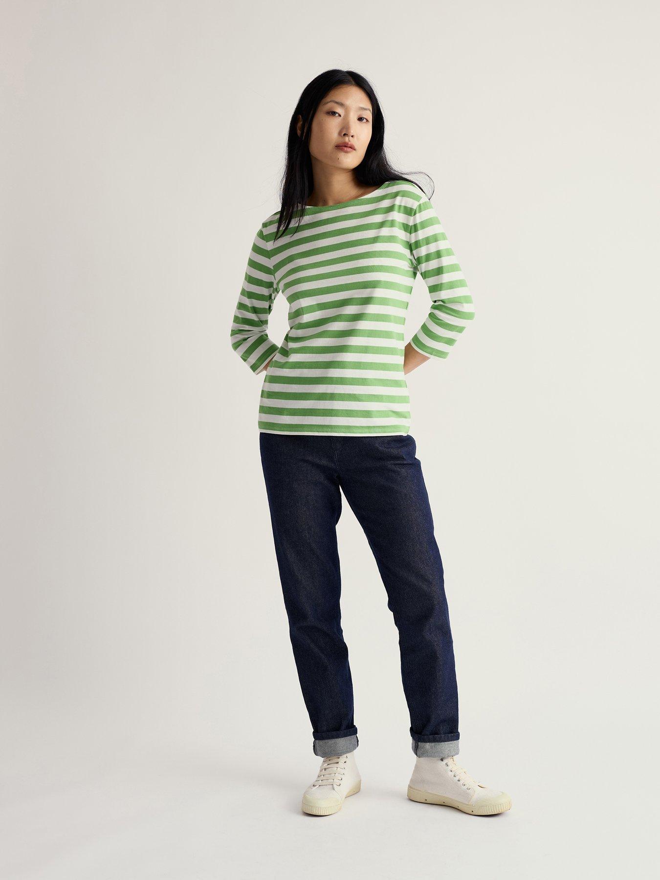  image of seasalt-cornwall-sailor-cotton-jersey-34-length-sleeve-top-whitegreen