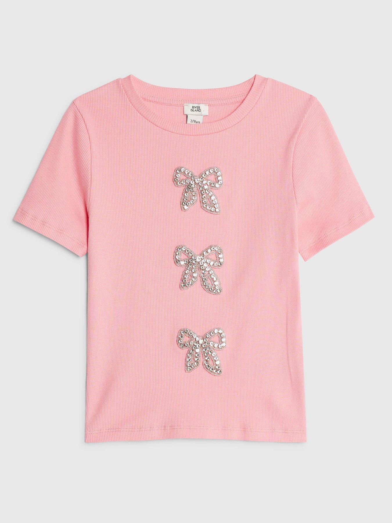 Image 1 of 4 of River Island Older Girls Ribbed Diamante Bow T-Shirt - Pink